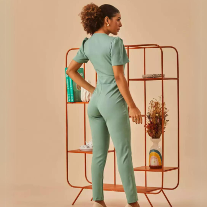 Women's V-neck Puff Sleeve Scrub Jumpsuit