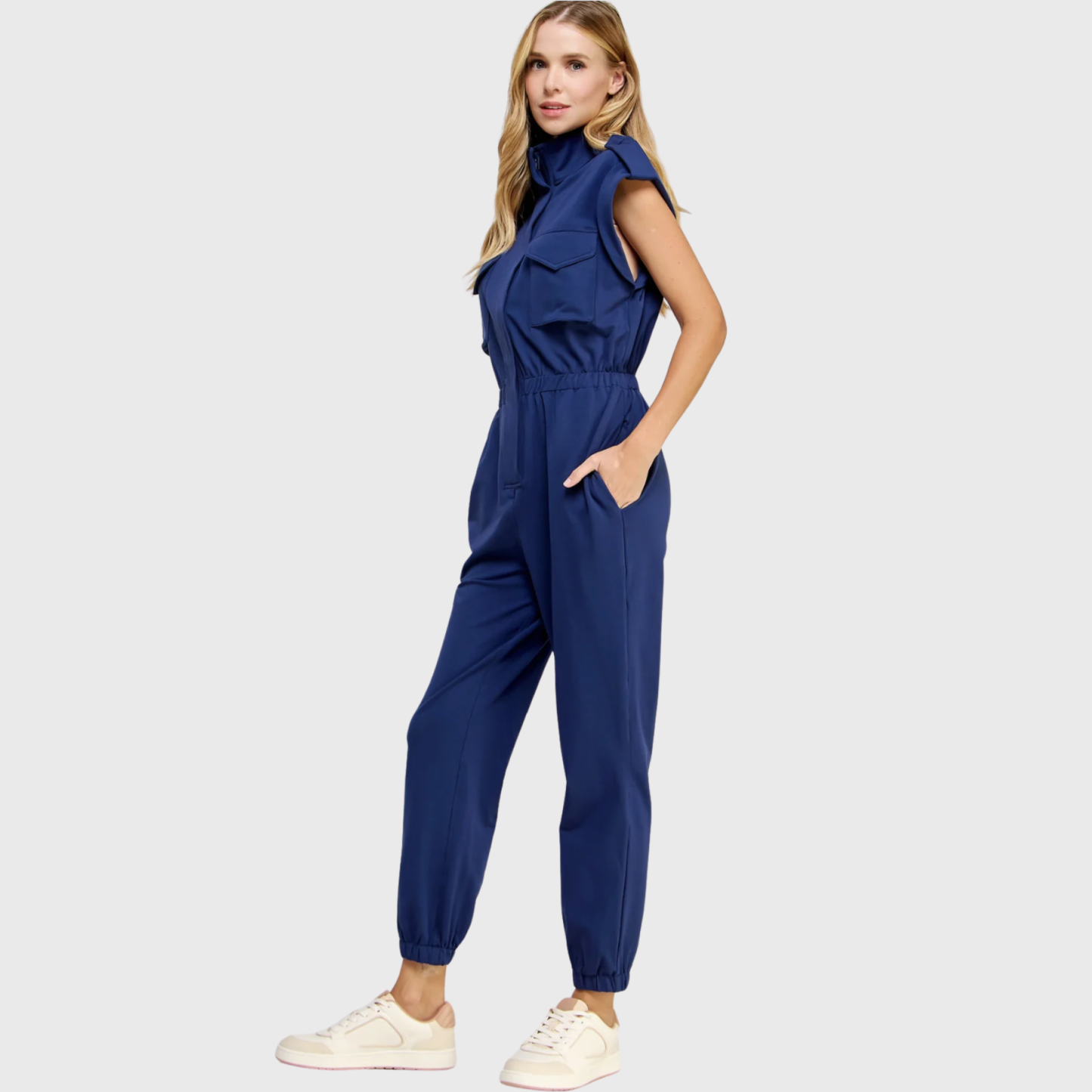 Women's High Neck Folded Sleeves with Epaulettes Jumpsuit