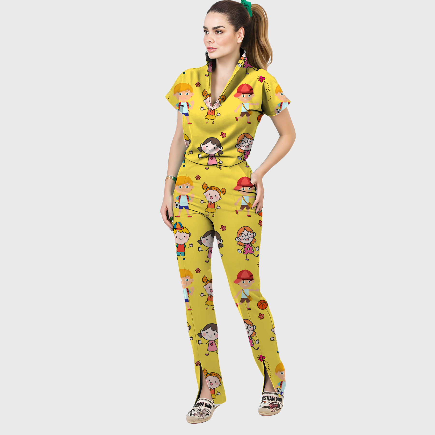 Women's Funny Cartoon Children Printed Scrub Set SP32