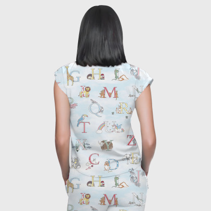 Women's Cap Sleeve Letter Animals Printed Scrub Set