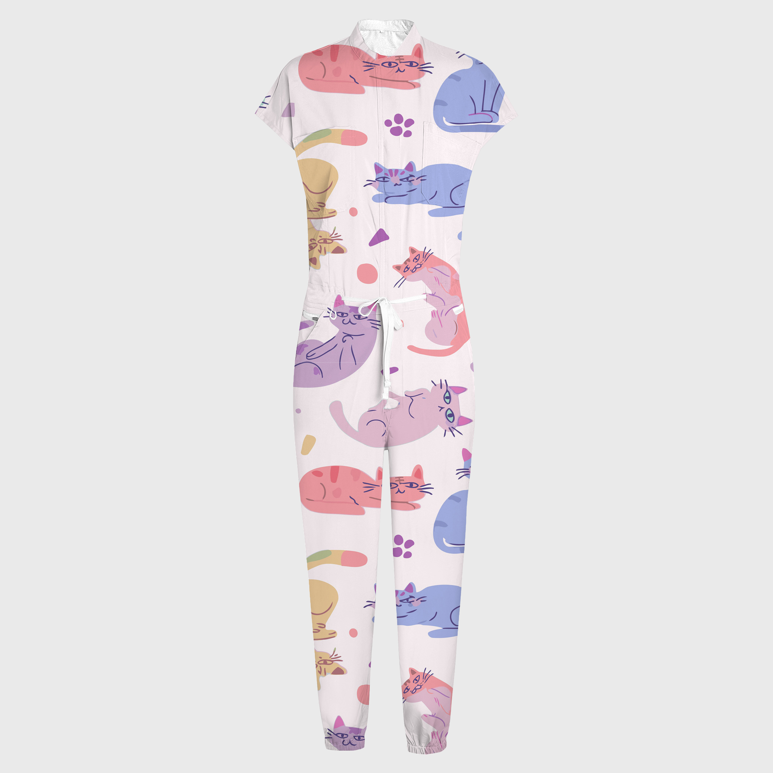 Women's Lazy Cats Print 12-Pocket Jogger Scrub Jumpsuit