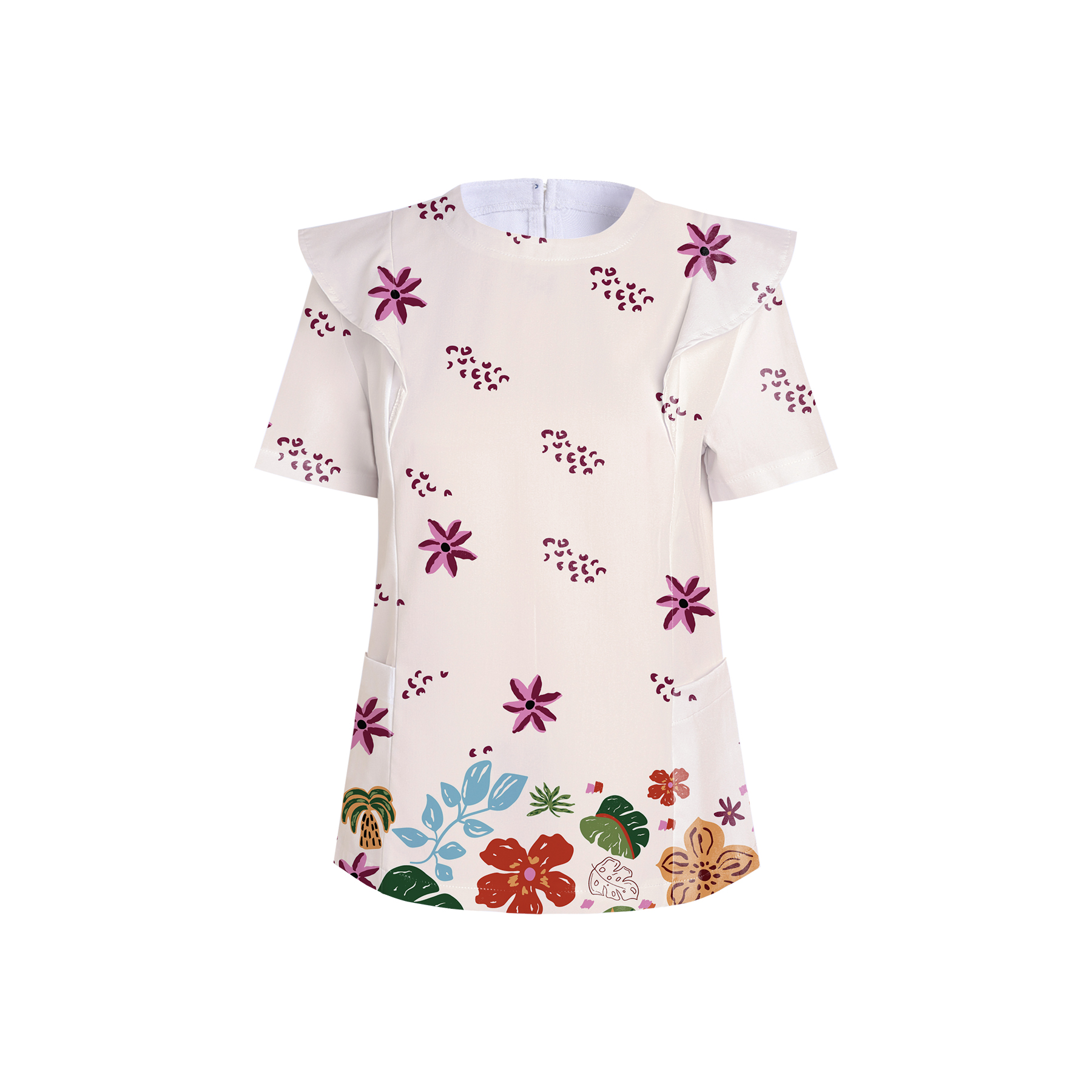 Women's Crew Neck Summer Floral Printed Scrub Top