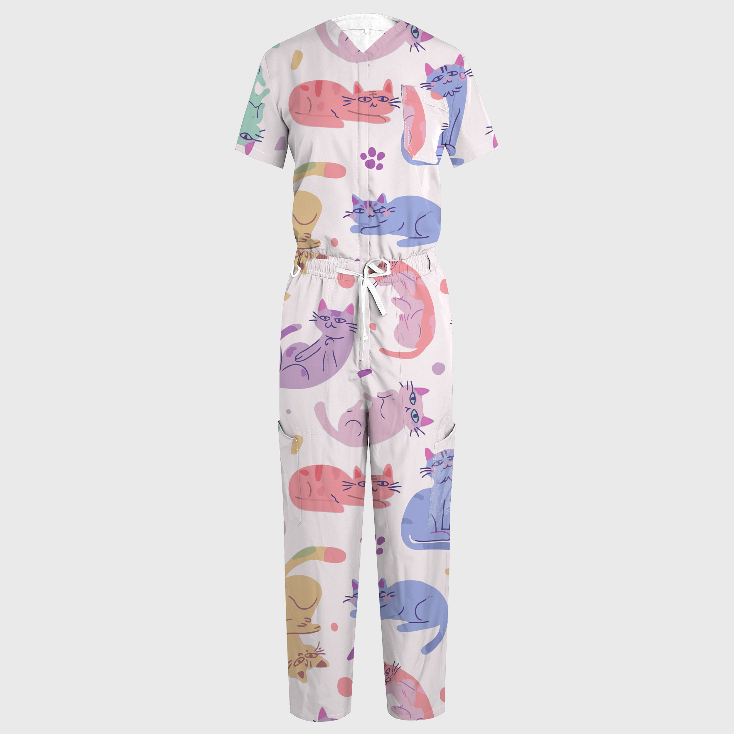 Women's Cat Family V-neck Wide Leg Scrub Jumpsuit