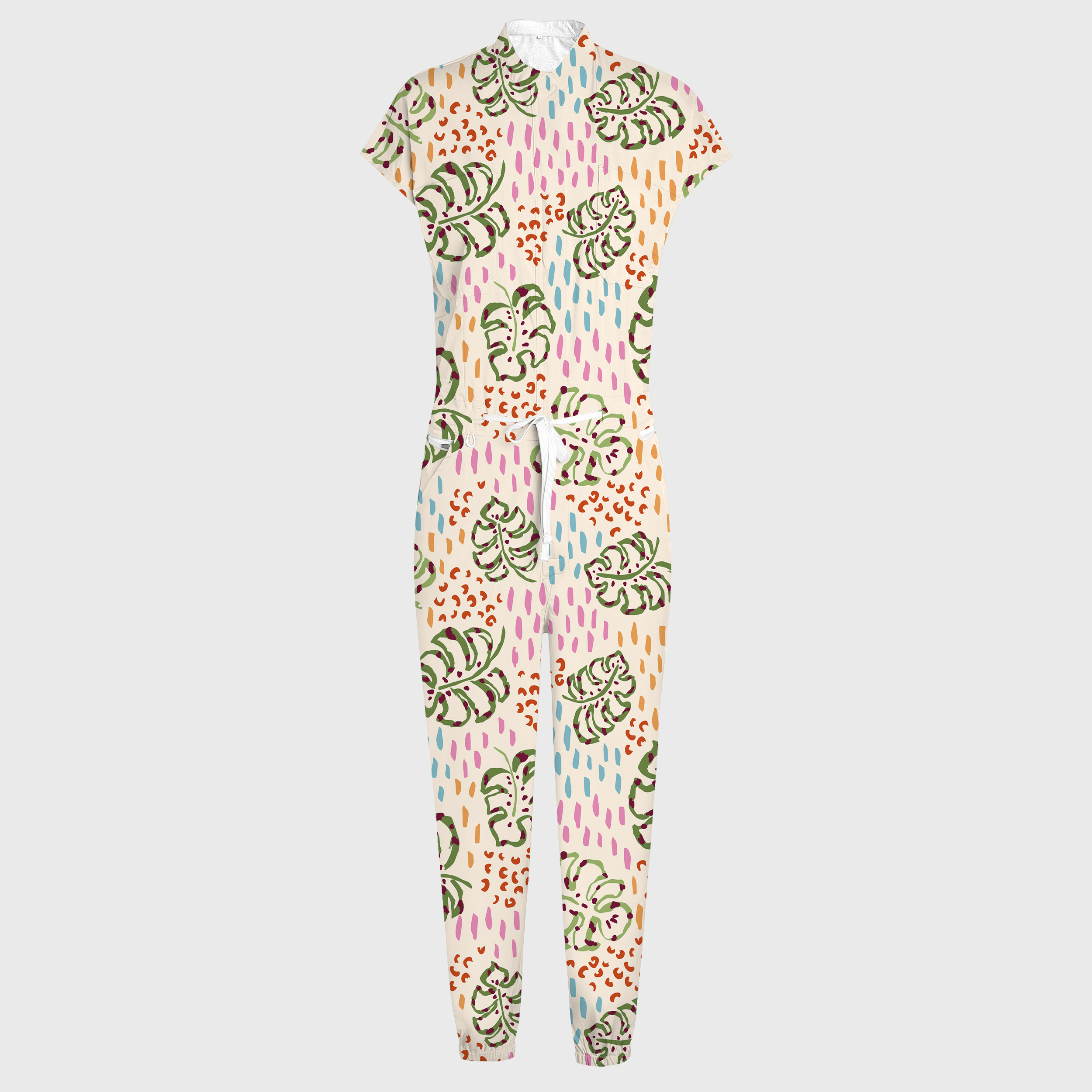 Women's Jaguar Leaves Print 12-Pocket Jogger Scrub Jumpsuit