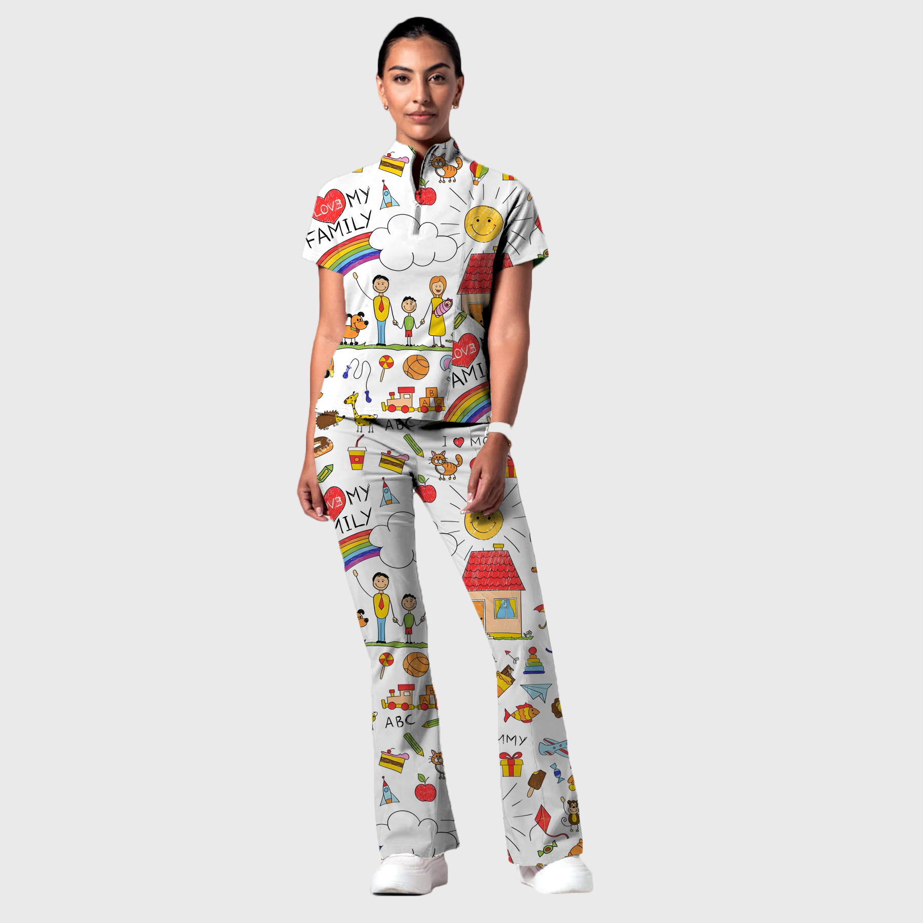 Women's Happy Family Printed Scrub Set SP27