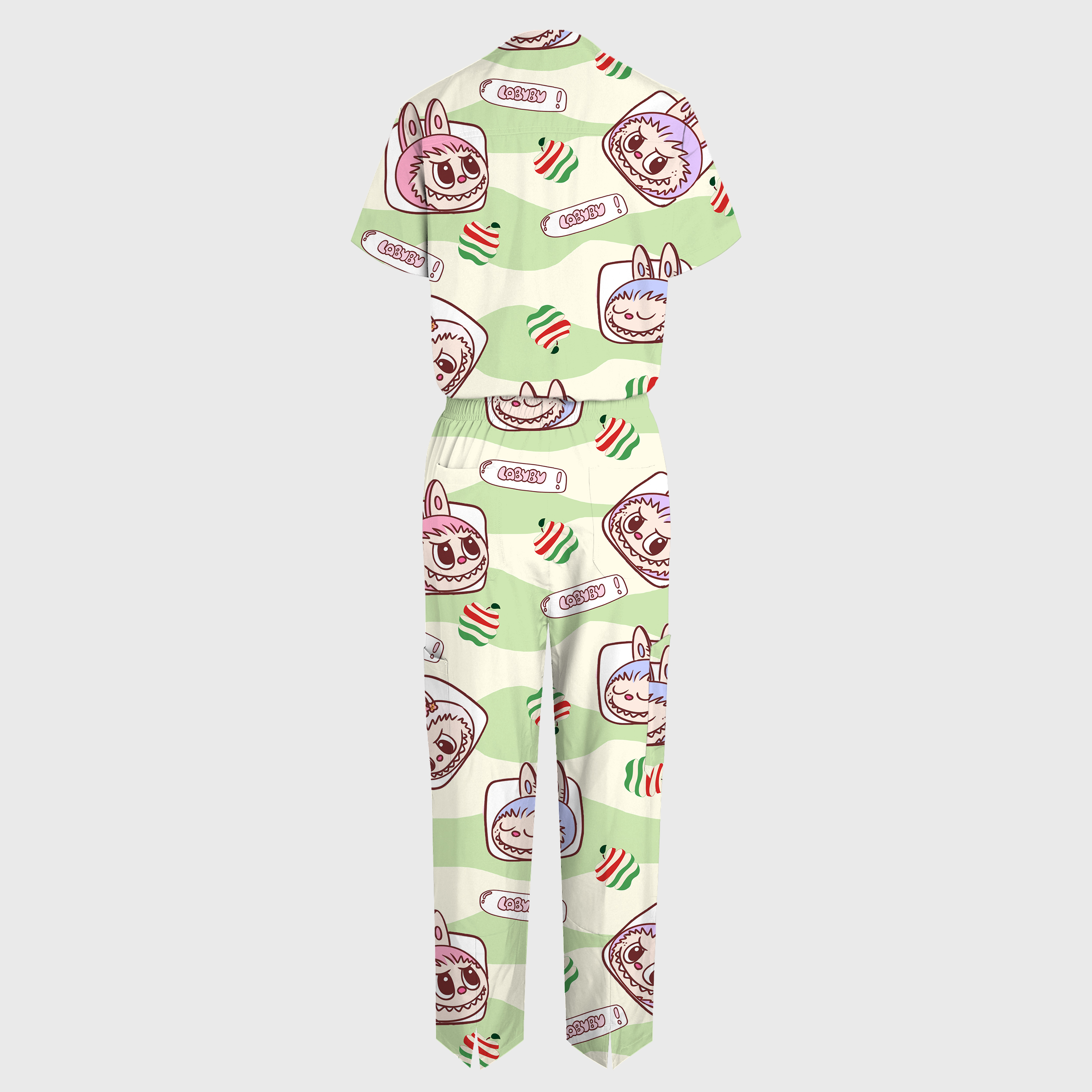 Women's V-Neck Wide Leg Green LABUBU Print Scrub Jumpsuit