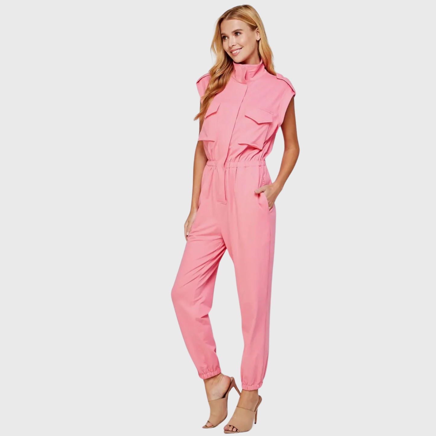 Women's High Neck Folded Sleeves with Epaulettes Jumpsuit