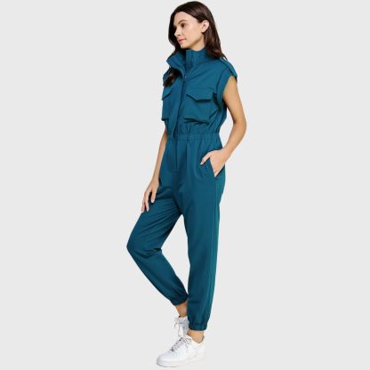 Women's High Neck Folded Sleeves with Epaulettes Jumpsuit