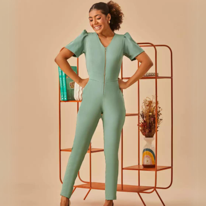 Women's V-neck Puff Sleeve Scrub Jumpsuit
