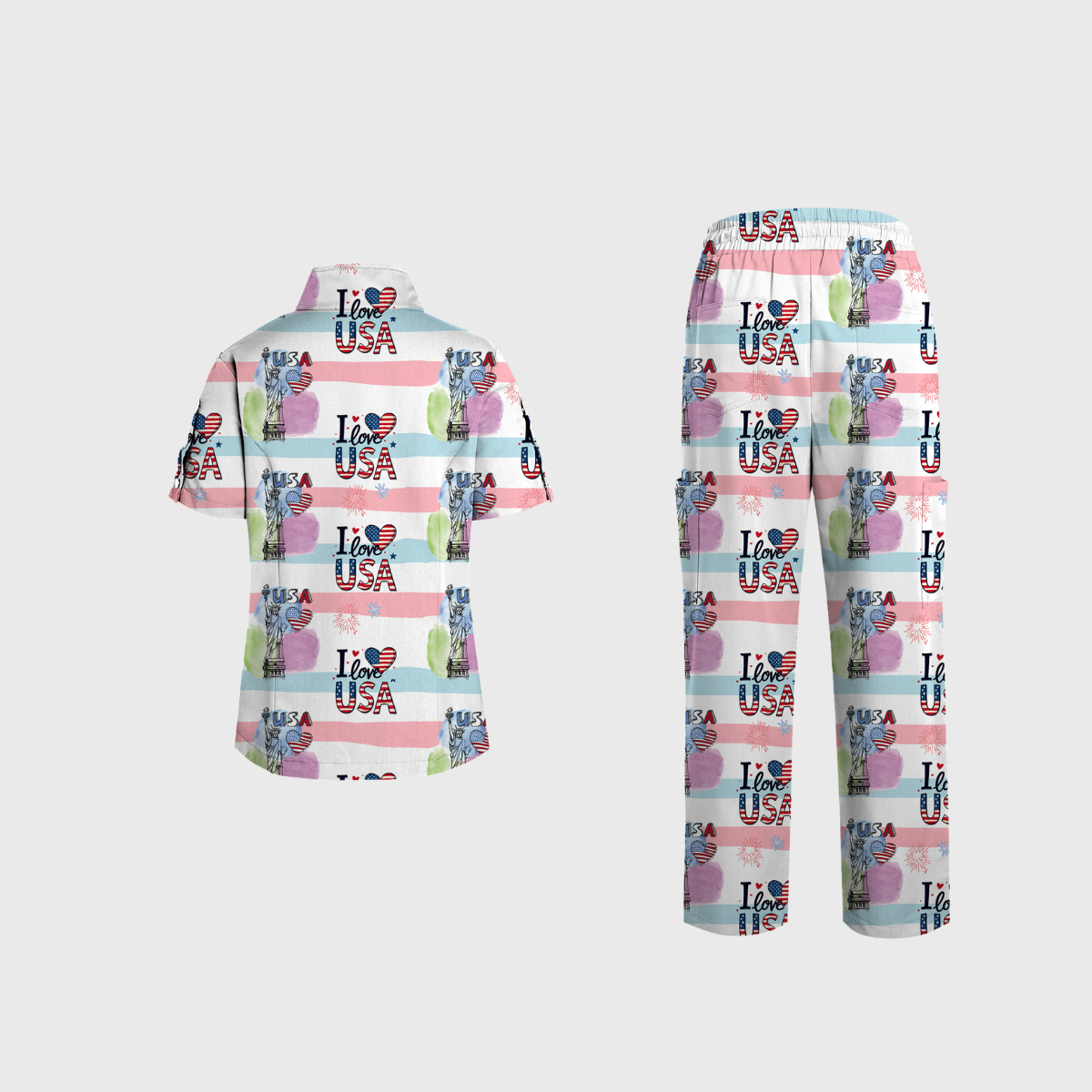 Women's V-Neck Independence Day Printed Scrub Set SI24