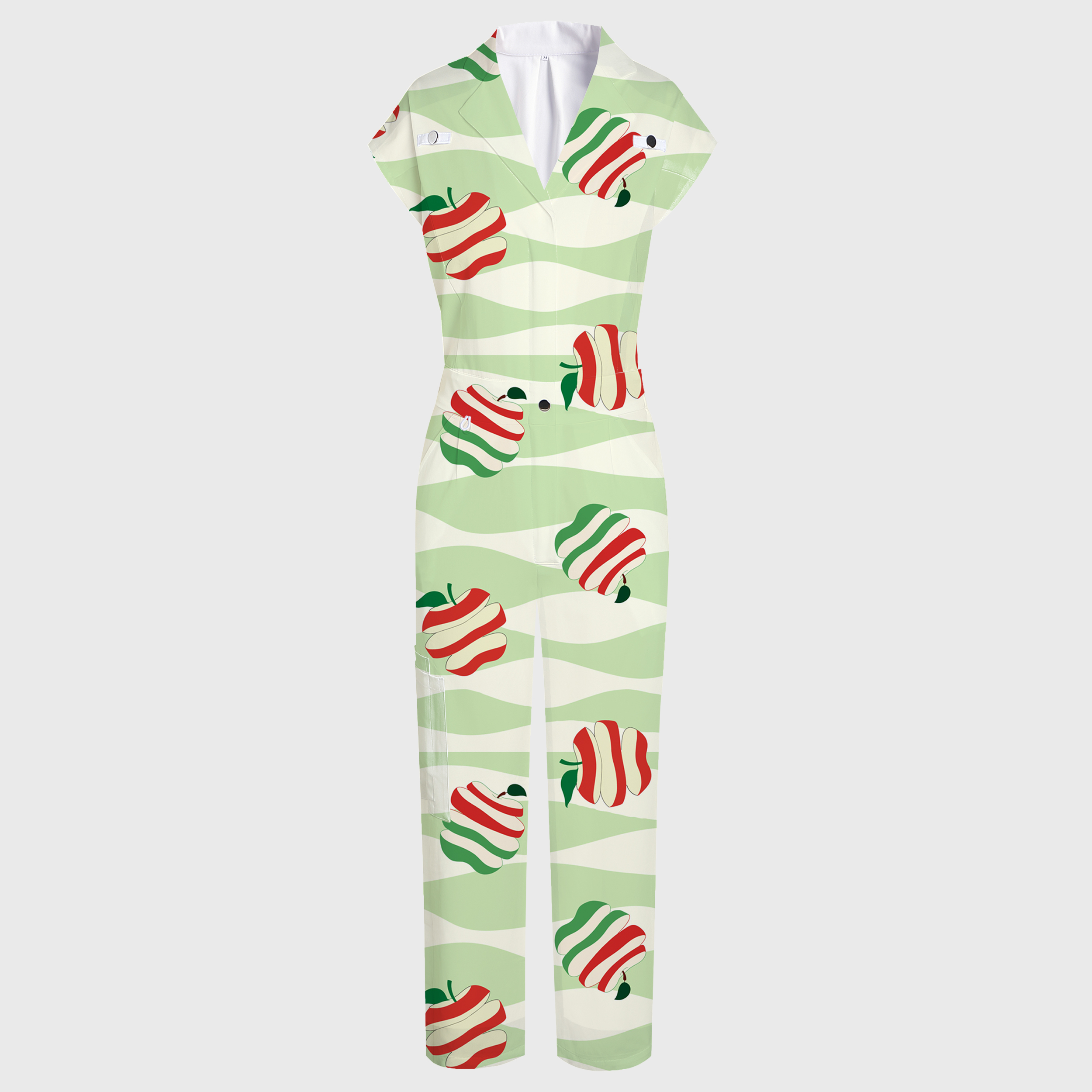 Women's Wide Leg V-Neck Apple Printed Scrub Jumpsuit