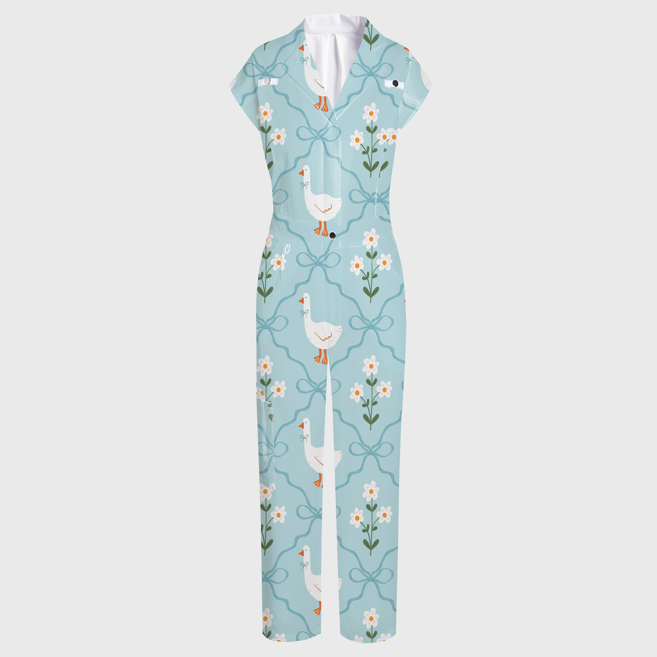 Women's Wide Leg Cartoon Goose Print Scrub Jumpsuit