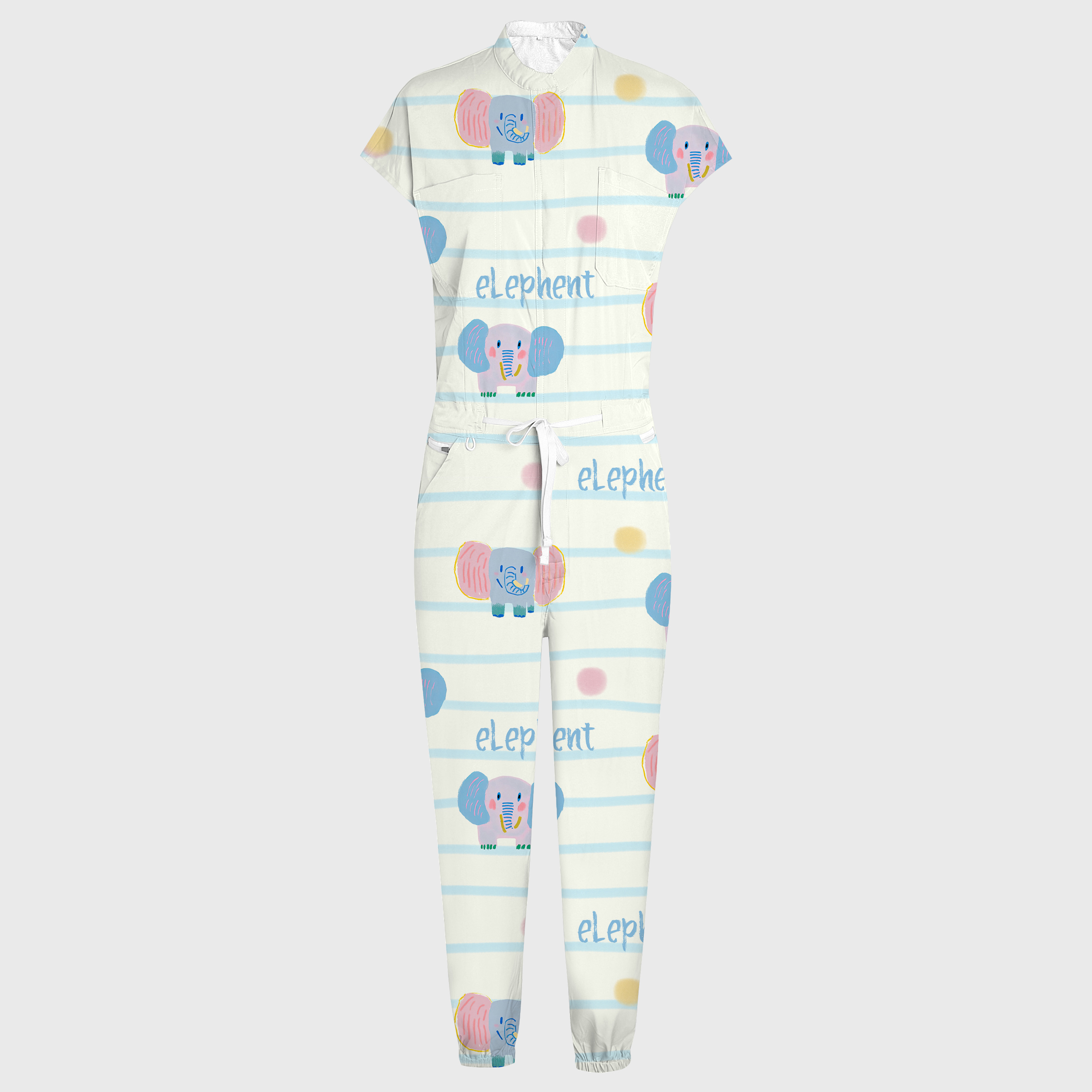 Women's Baby Elephant Print 12-Pocket Jogger Scrub Jumpsuit