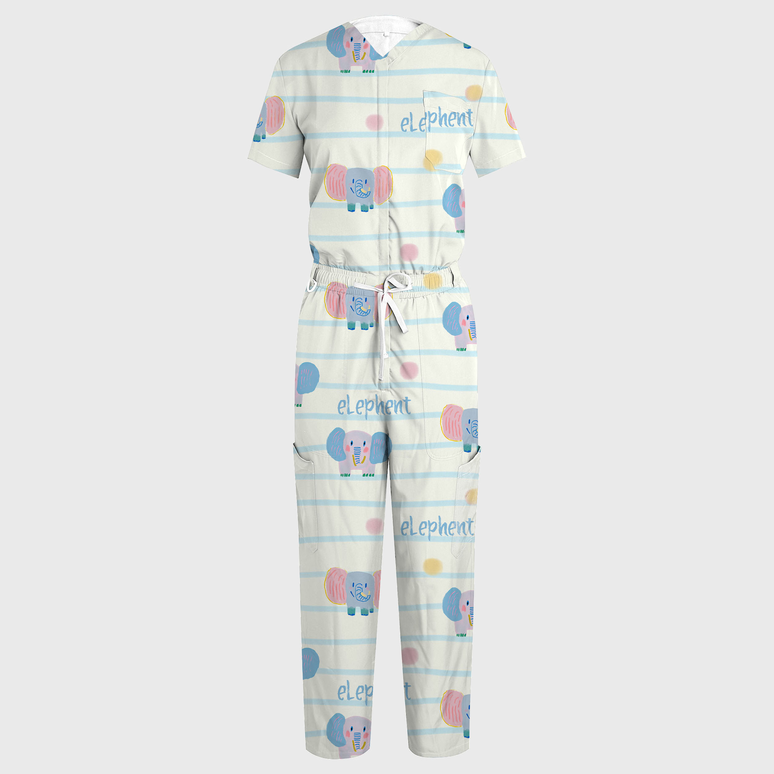 Women's V-neck Wide Leg Baby Elephant Print Scrub Jumpsuit