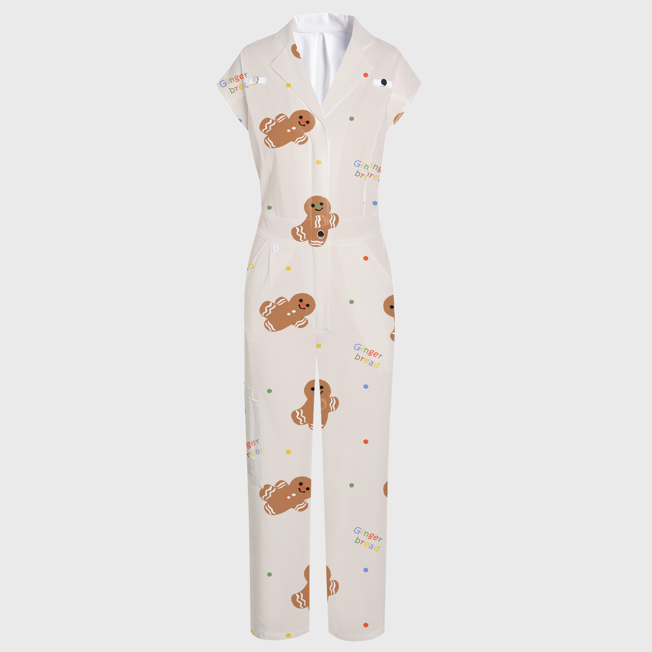 Women's Wide Leg Gingerbread Man Print Scrub Jumpsuit