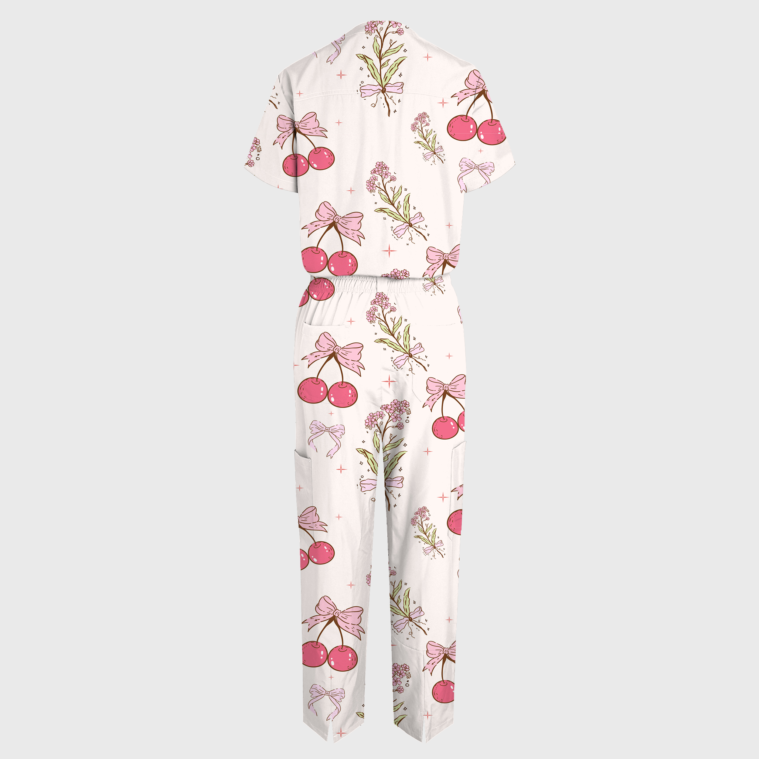 Women's V-Neck Wide Leg Pink Cherry Print Scrub Jumpsuit