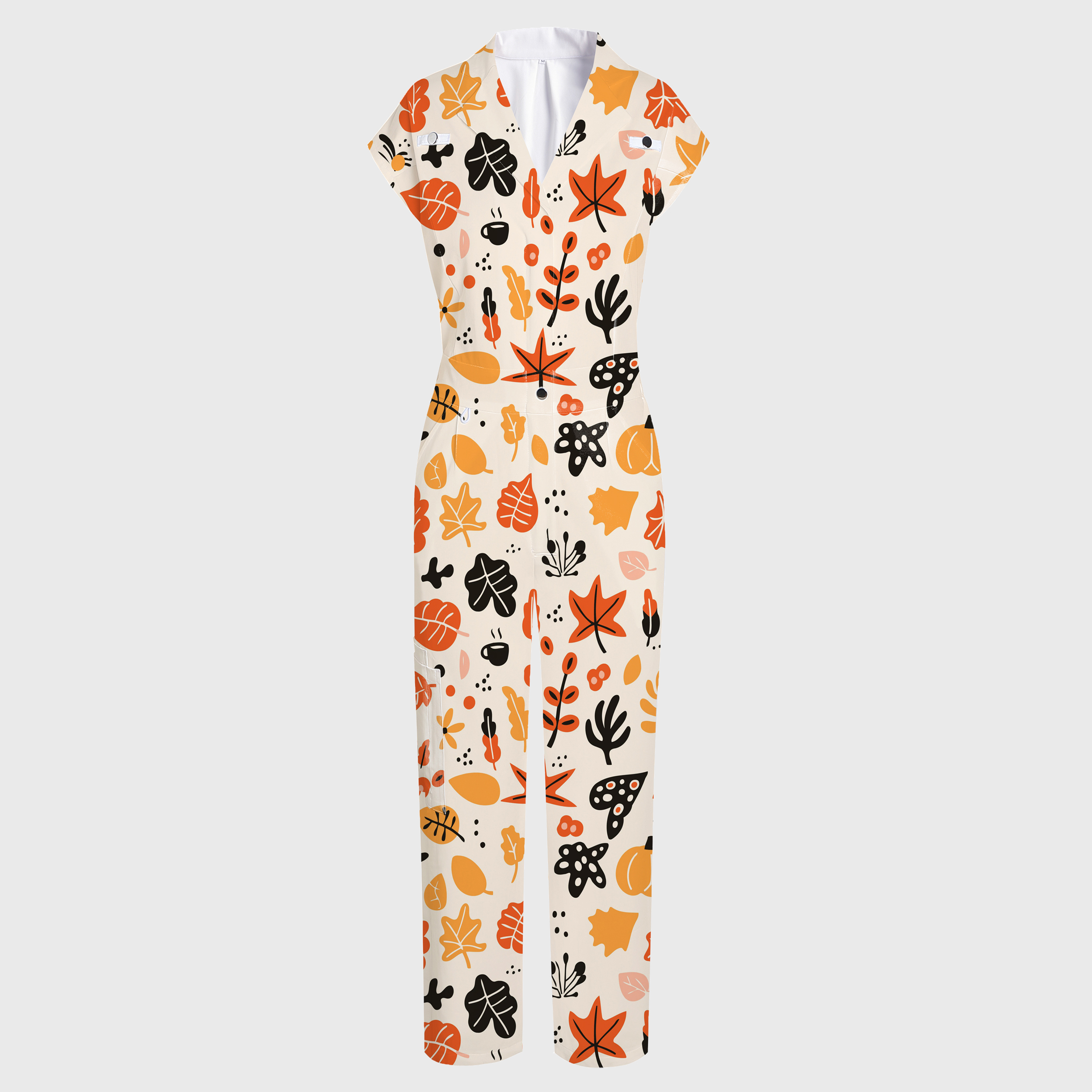Women's Wide Leg Leaves Printed Scrub Jumpsuit