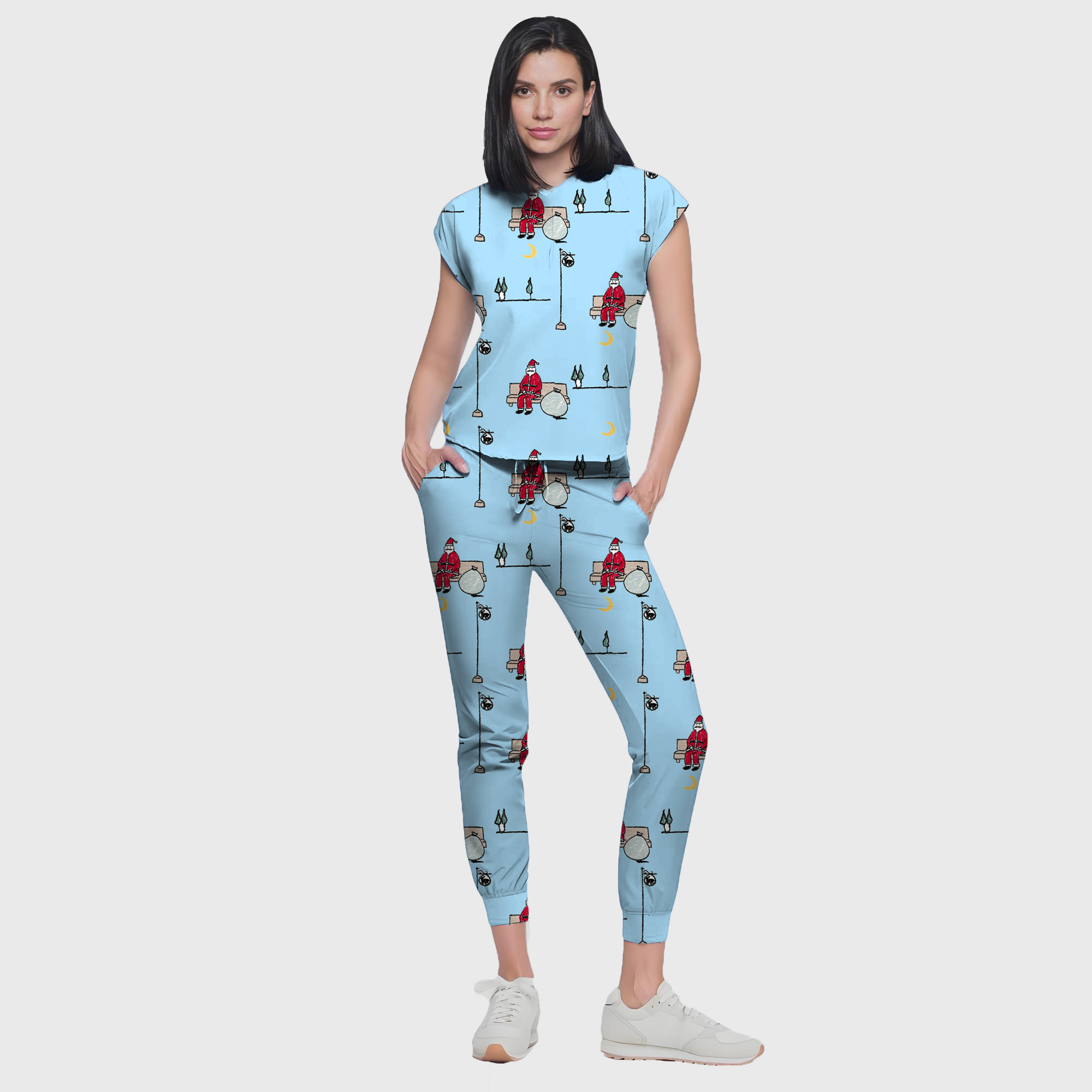 Women's Colorful Santa Claus Pattern Nurse Scrub Set