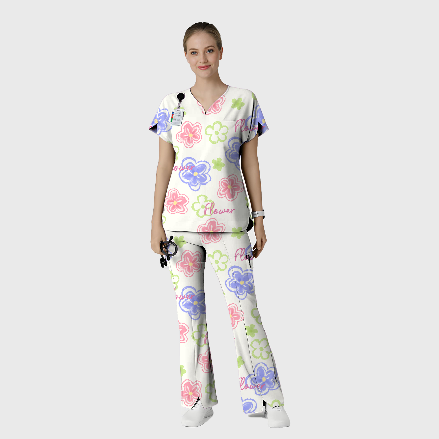 Women's Graffiti Flowers Printed Scrub Set SP07