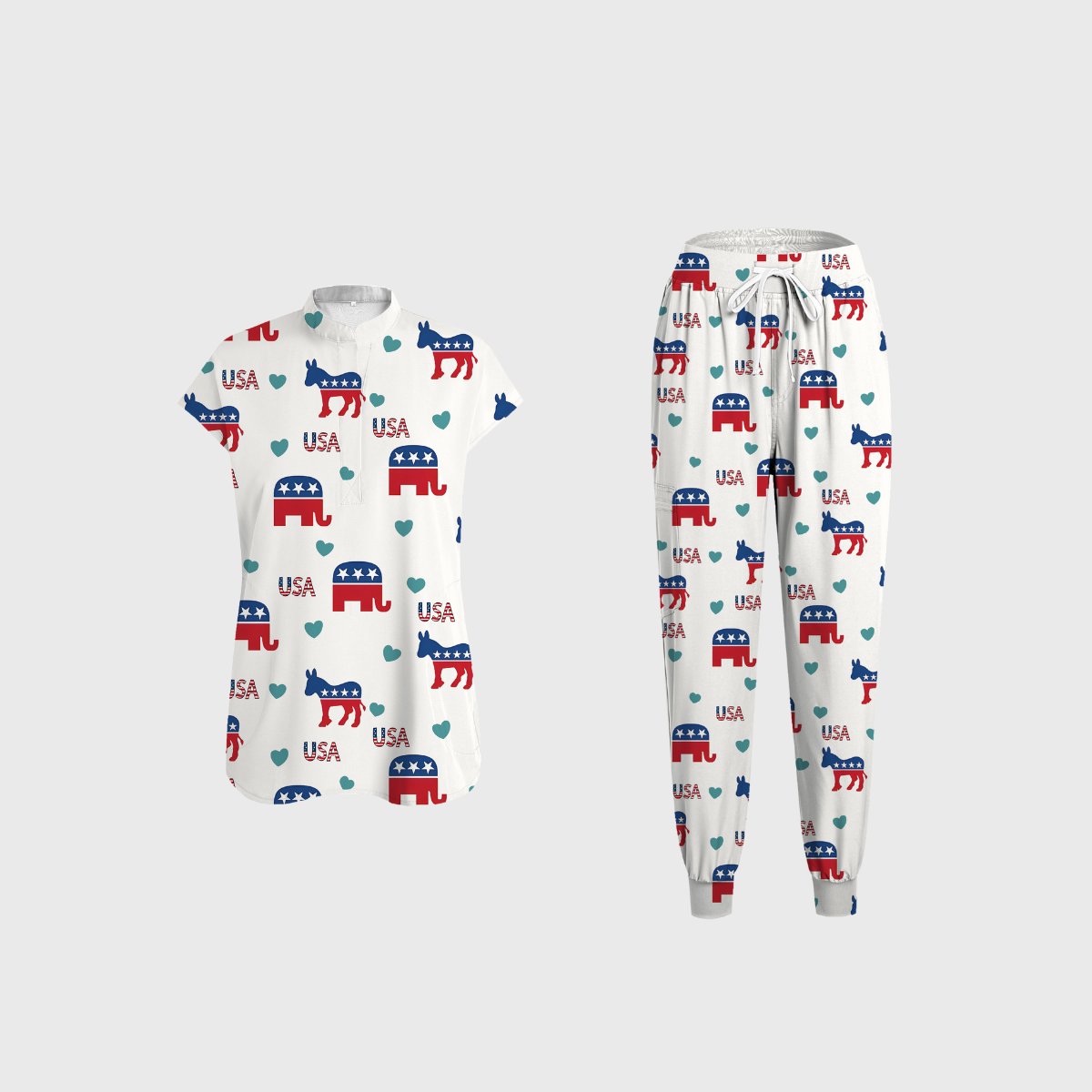 Women's Round Neck Independence Day Printed Scrub Set SI10