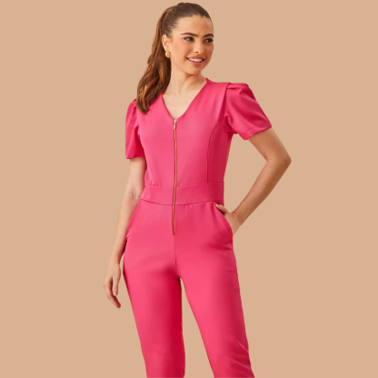 Women's V-neck Puff Sleeve Scrub Jumpsuit