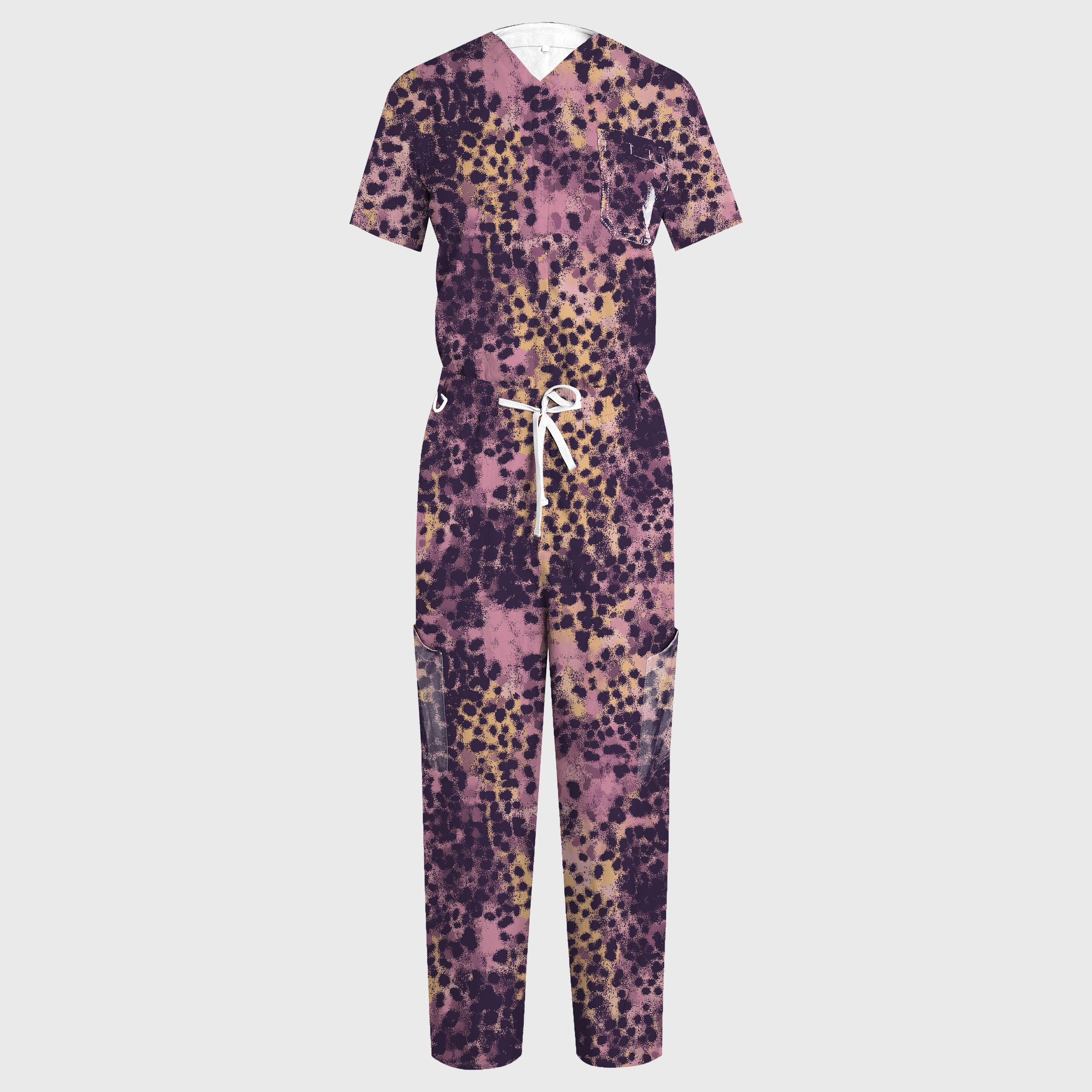 Women's Purple Leopard Print V-neck Wide Leg Scrub Jumpsuit