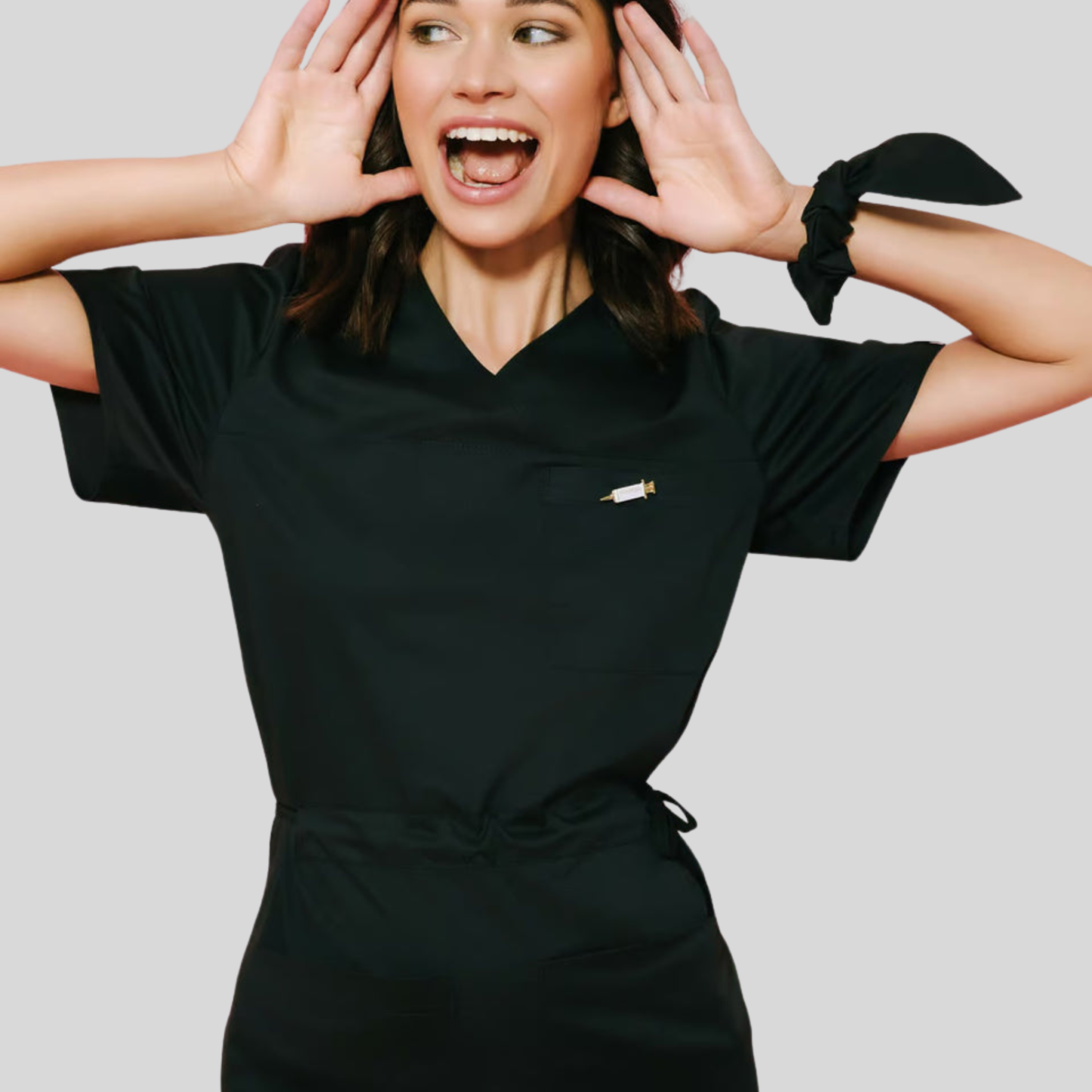 Medical Casual V-Neck Elastic Waist Scrub Dress