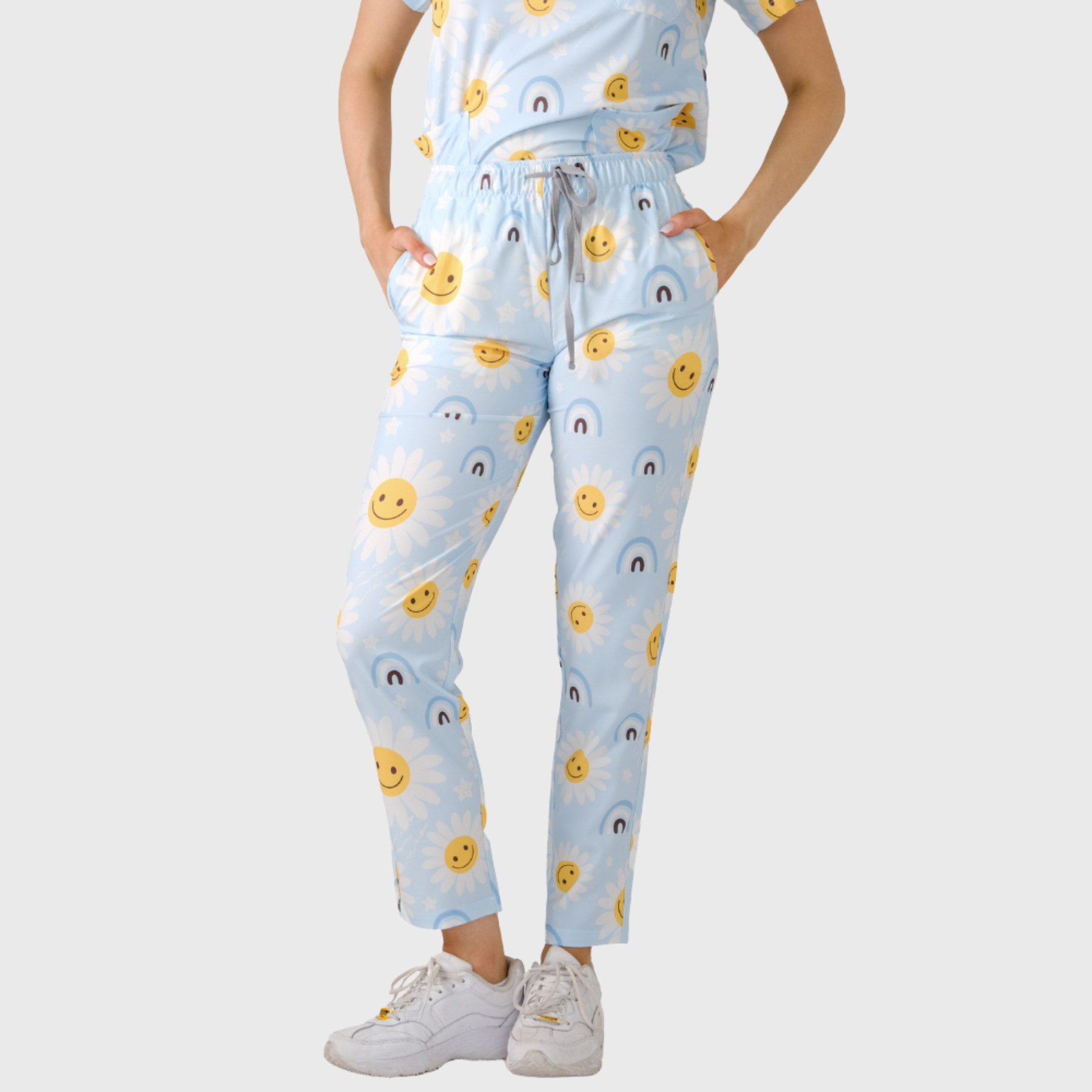 Women's Elastic Waist 3 Pockets Sunflower Printed Scrub Pants