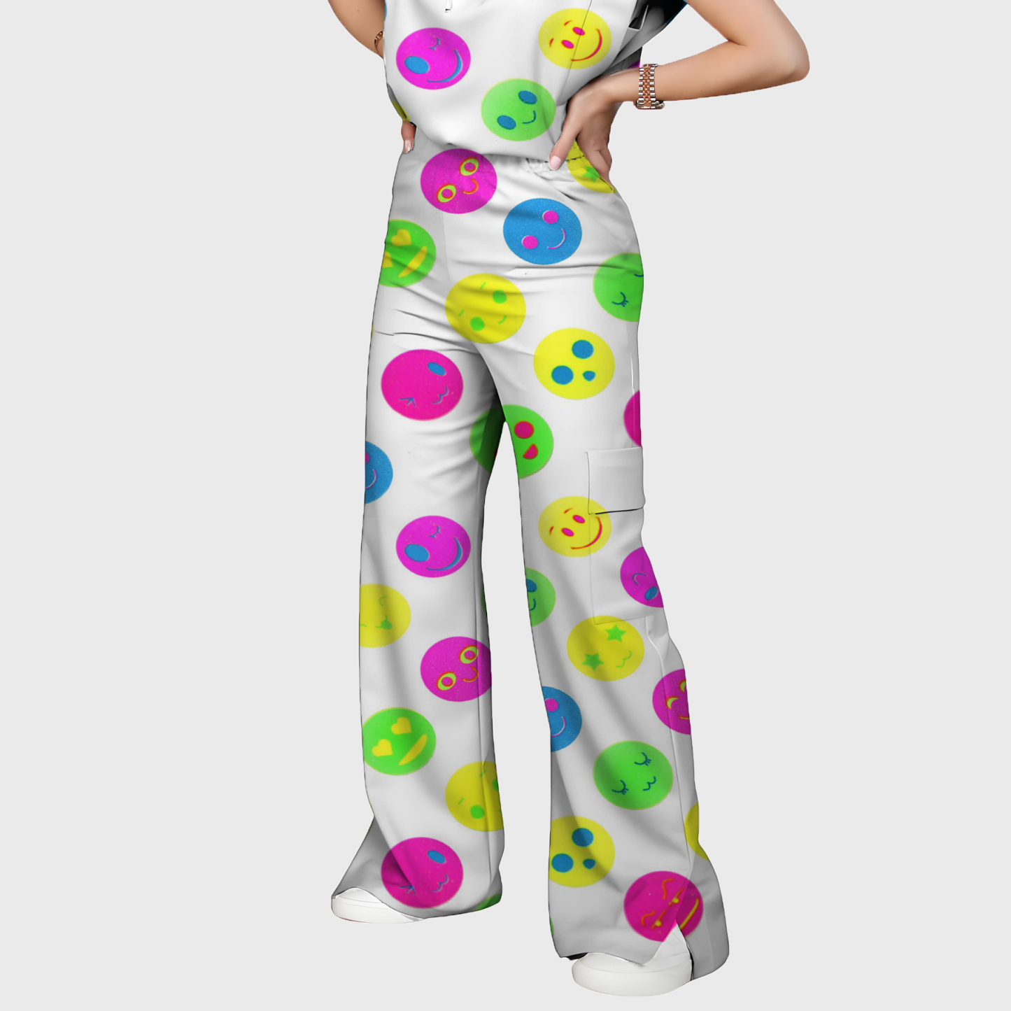 Women's Colorful Smiley Face Pattern Nurse Scrub Set