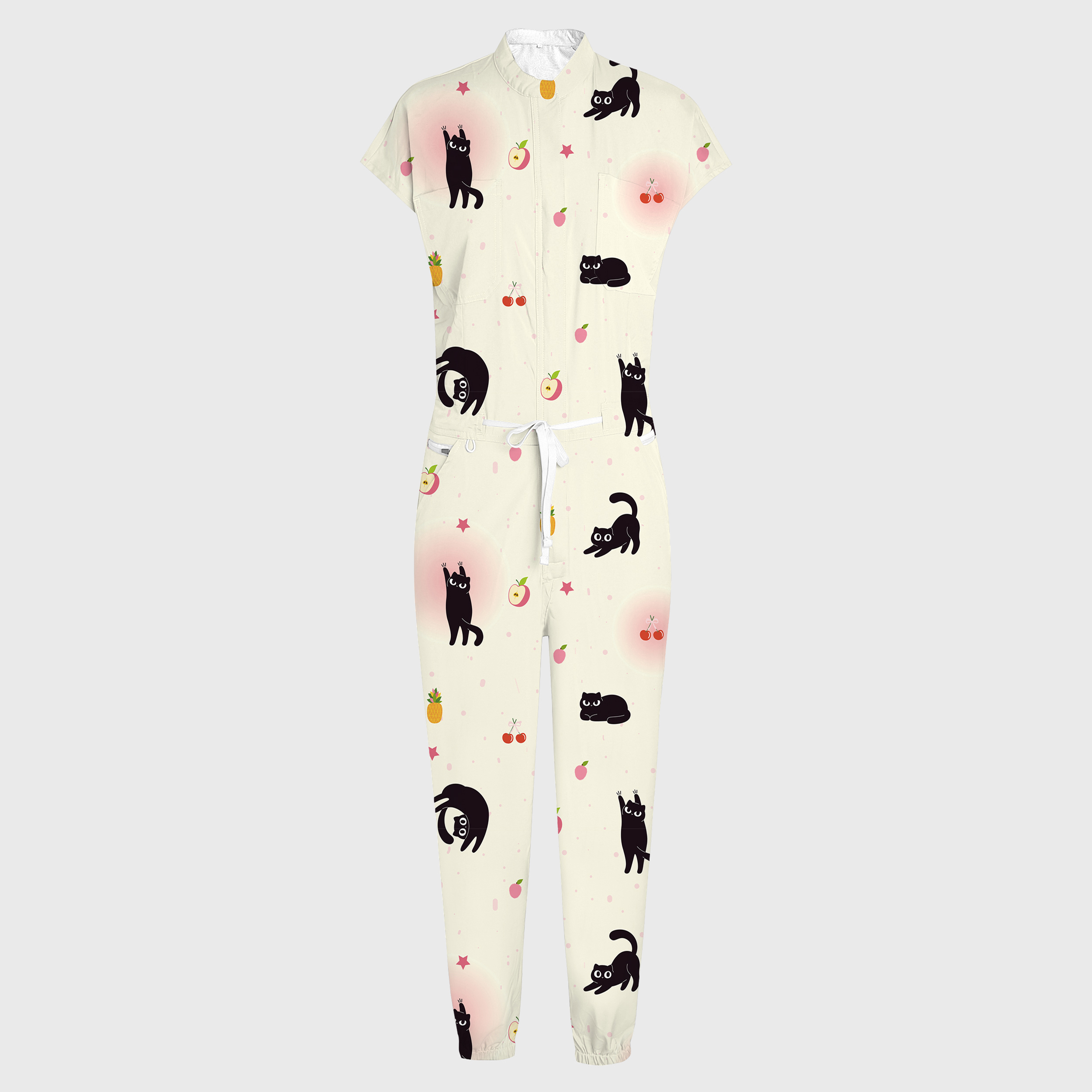 Women's Black Cat Printed 12-Pocket Jogger Scrub Jumpsuit