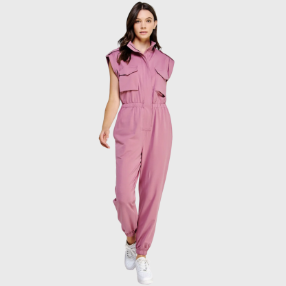 Women's High Neck Folded Sleeves with Epaulettes Jumpsuit