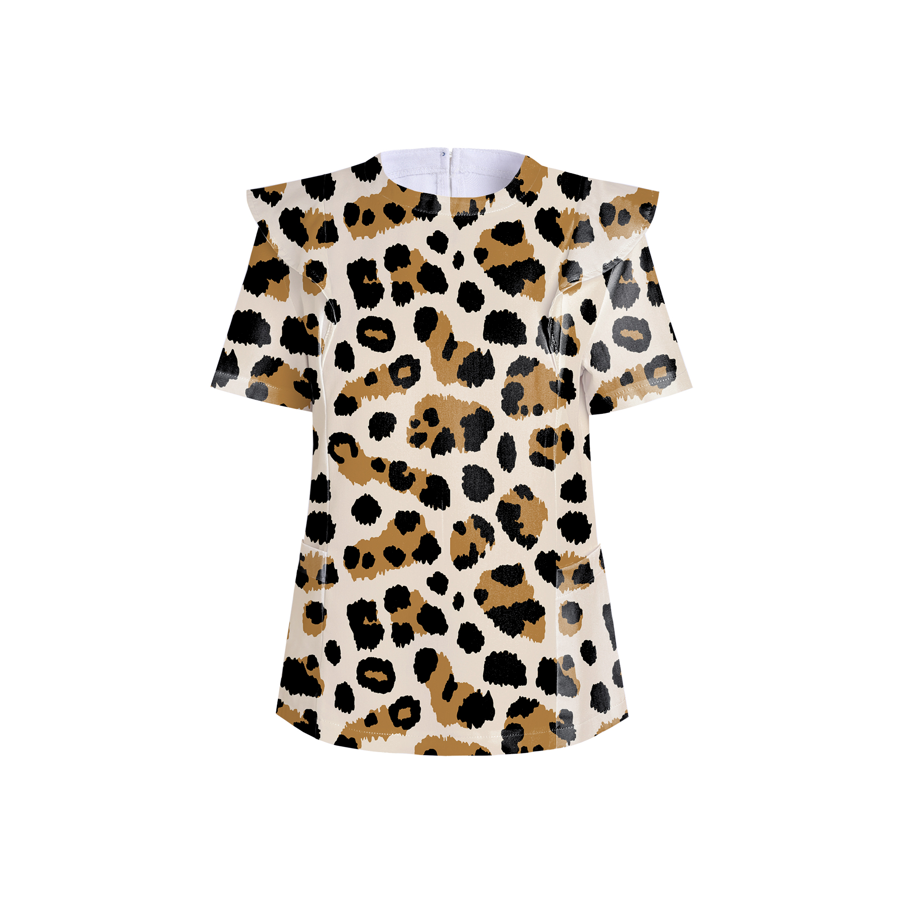Women's Crew Neck Leopard Printed Scrub Top