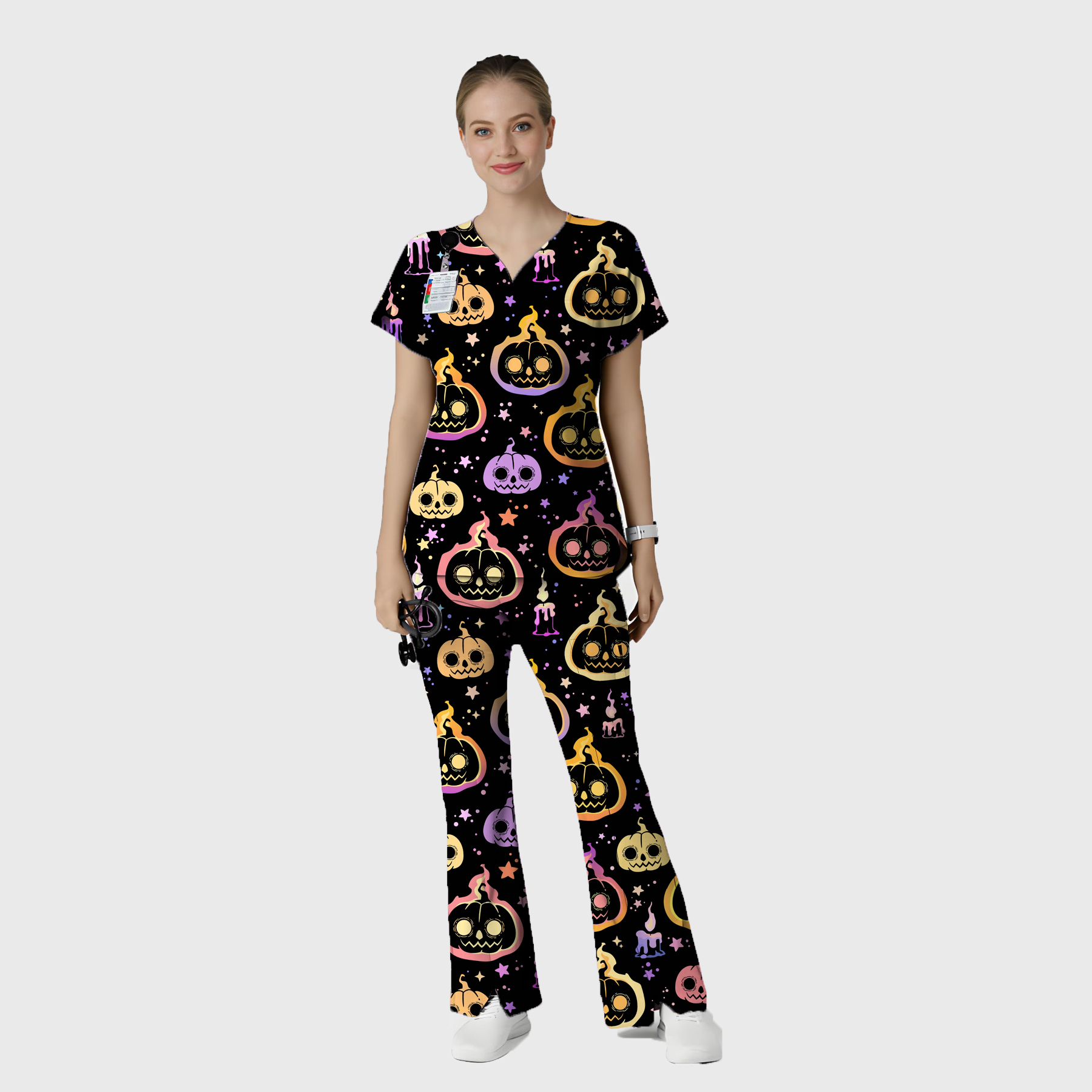 Women's V-Neck Happy Halloween Printed Scrub Set SP04