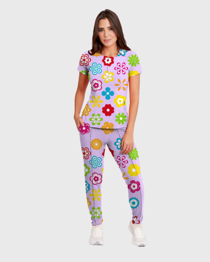 Women's Colorful Floral Pattern Scrub Set ST6195