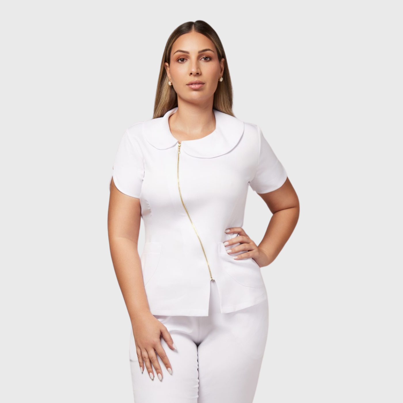 Women's Round Sleeve Front Zip Scrub Top