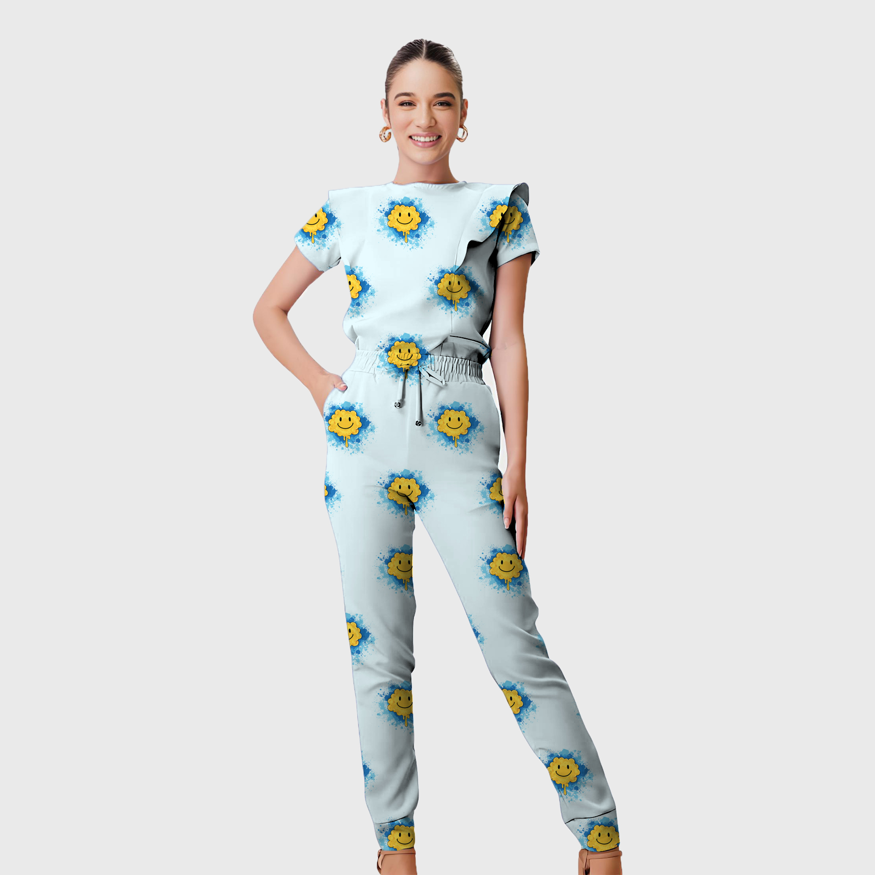 Women's Round Neck Smiling Cloud Printed Scrub Set SP01
