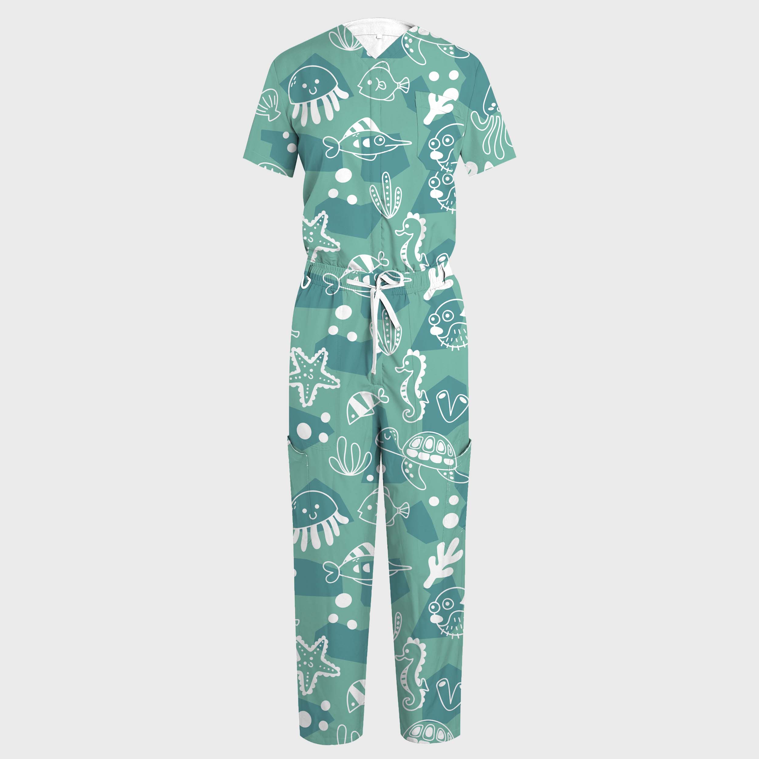 Women's V-Neck Wide Leg Under the Sea Print Scrub Jumpsuit