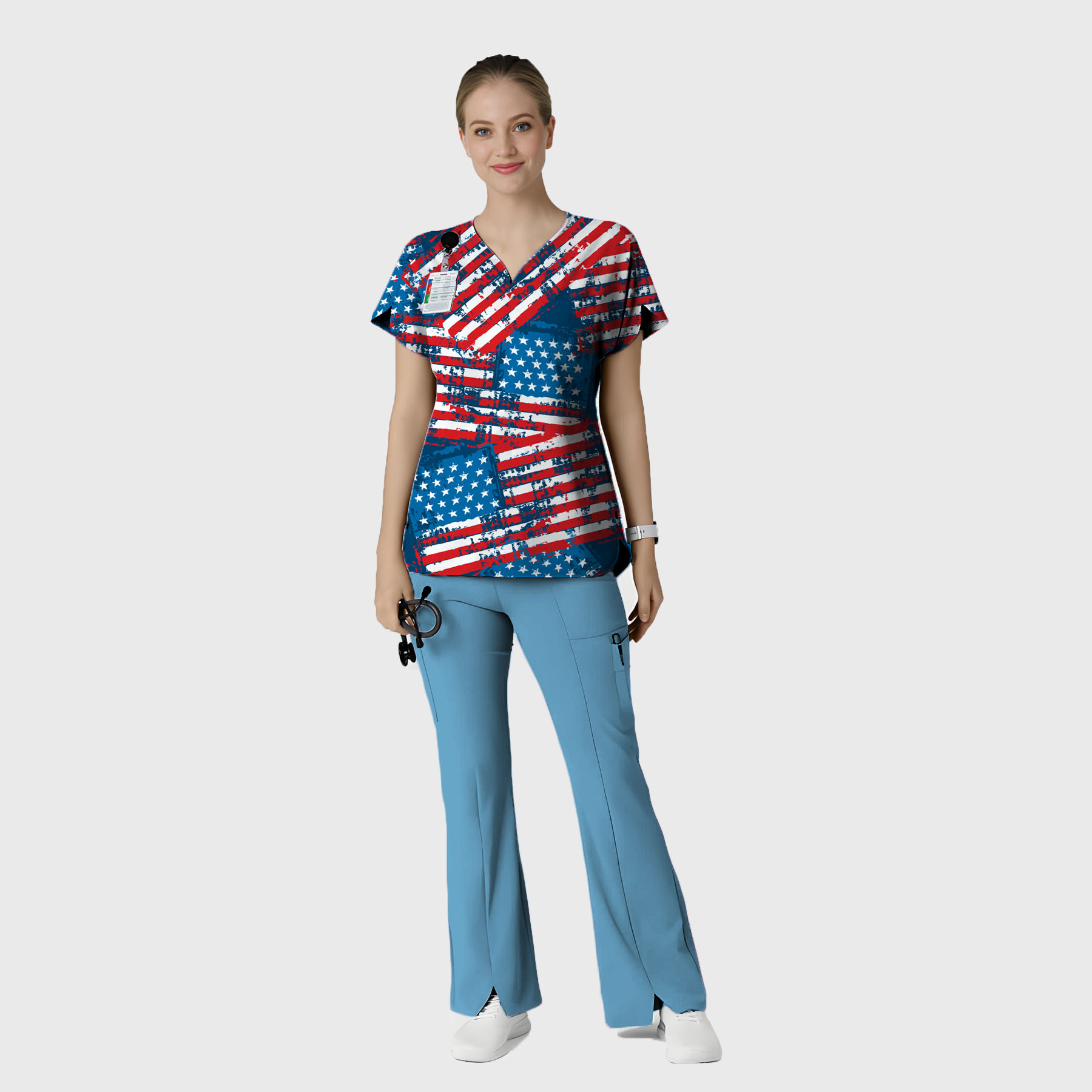 Women's American Flag Printed Scrub Set SP17