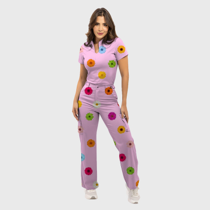 Women's Colorful Daisy Pattern Scrub Set ST6196