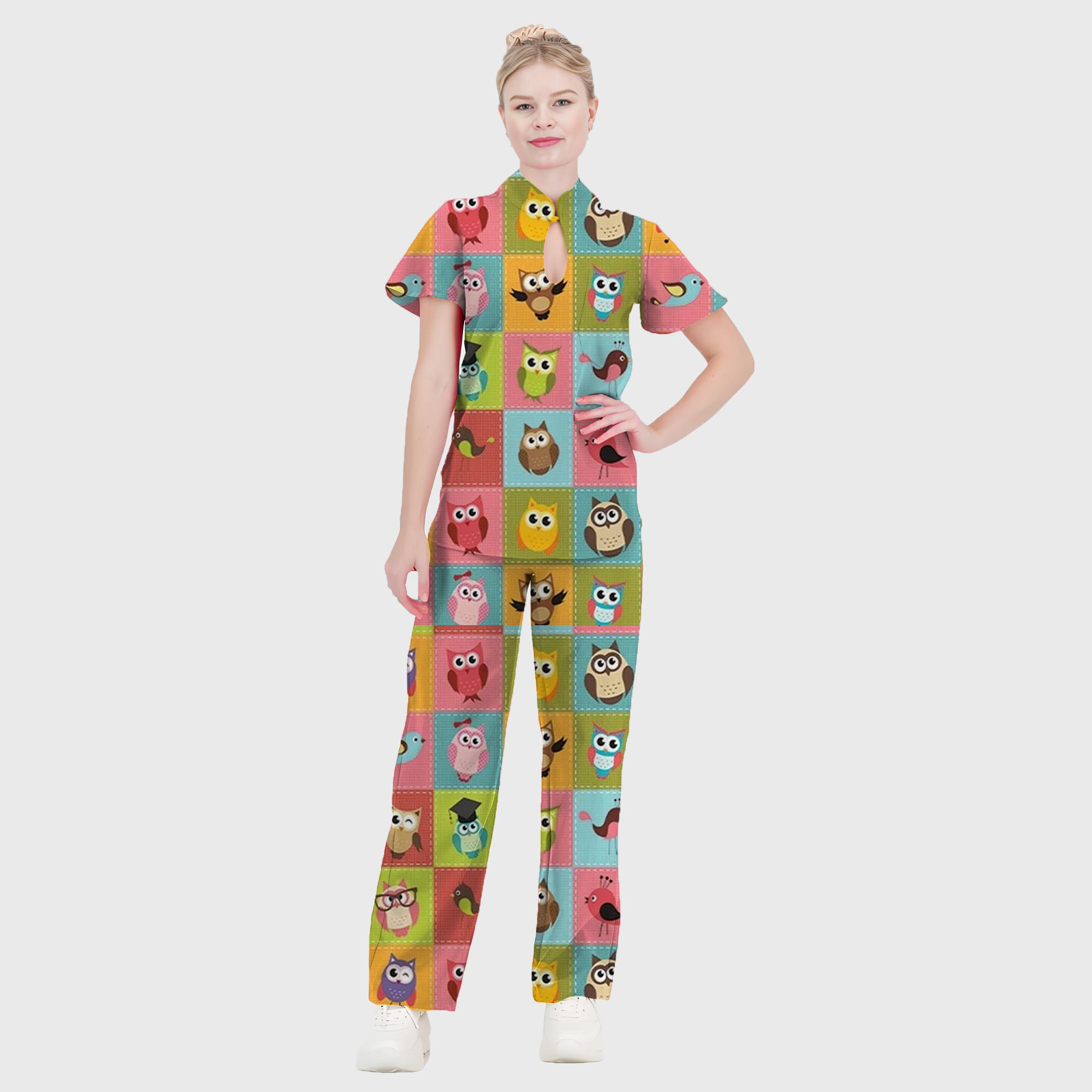 Women's Mandarin Collar Cute Owl Printed Scrub Set ST6192