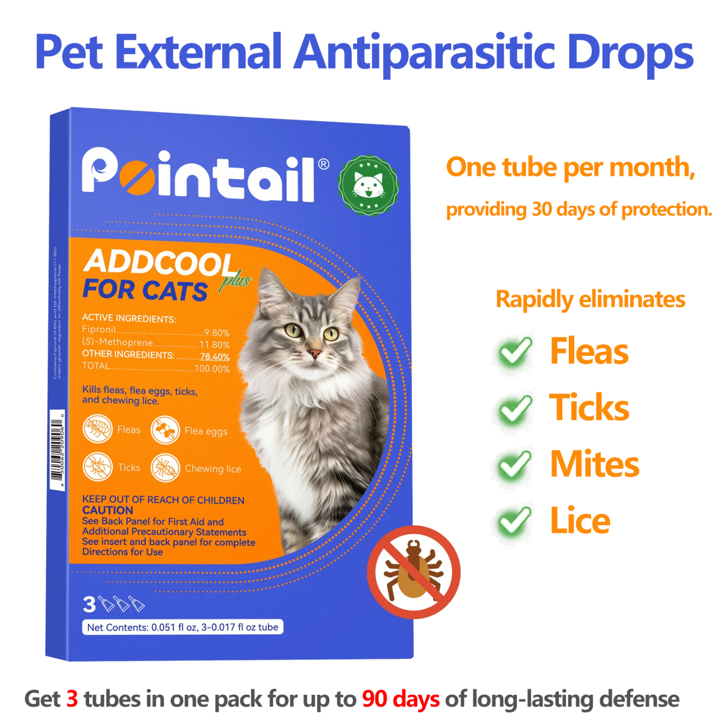 Pointail Addcool Broad-Spectrum Flea & Tick Treatment for Cats (3 Doses)