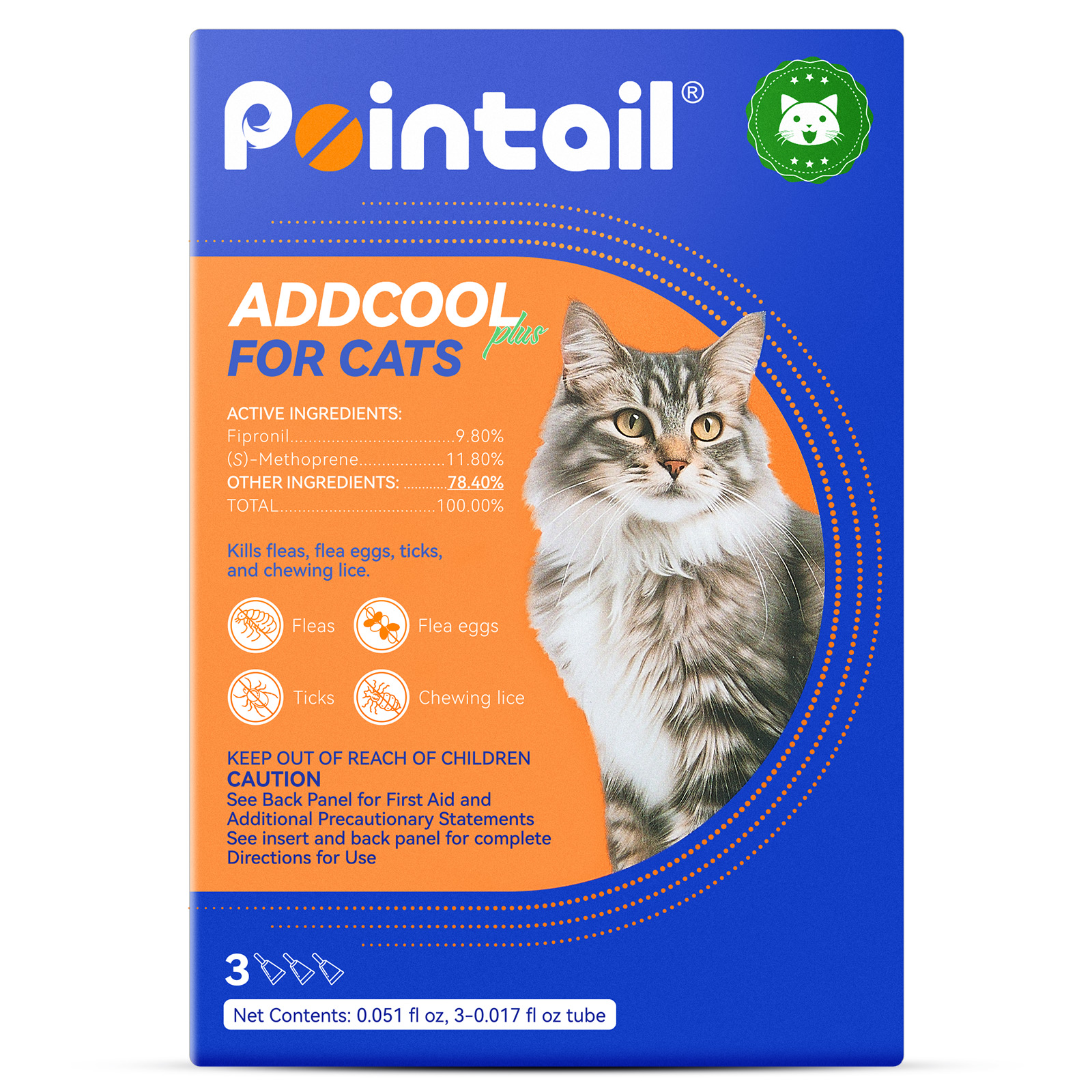 Pointail ADDCOOL FOR CATS Plus Flea & Tick Topical - Kills Fleas, Ticks & Flea Eggs for 30-Day Protection