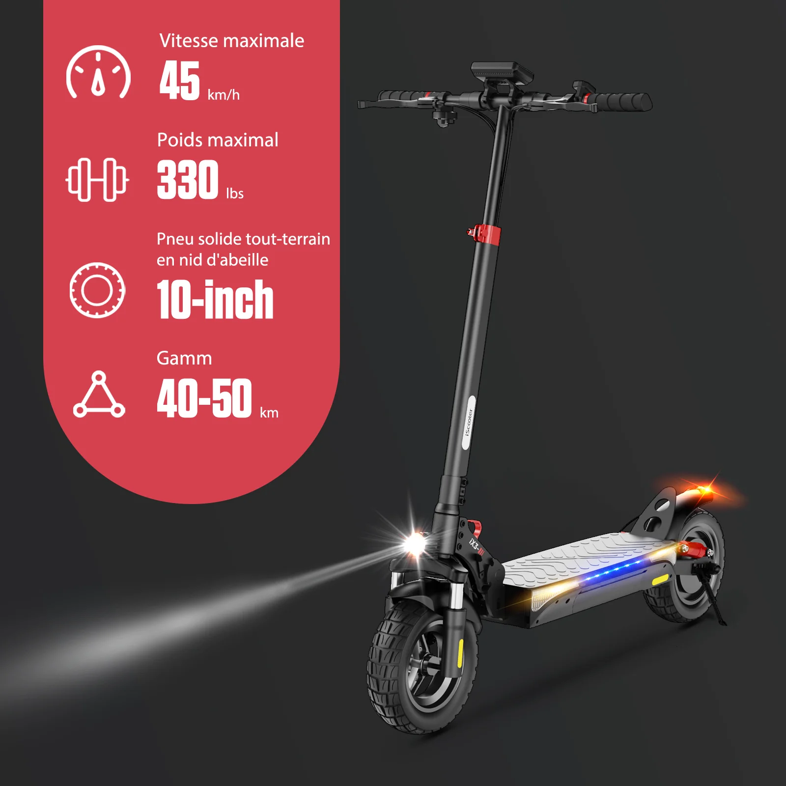Trottinette électrique iScooter Trottinette électrique W9 moteur 1000 W batterie 48 V 14 Ah pneus 10 pouces vitesse maximale 45 km/h autonomie 45 km