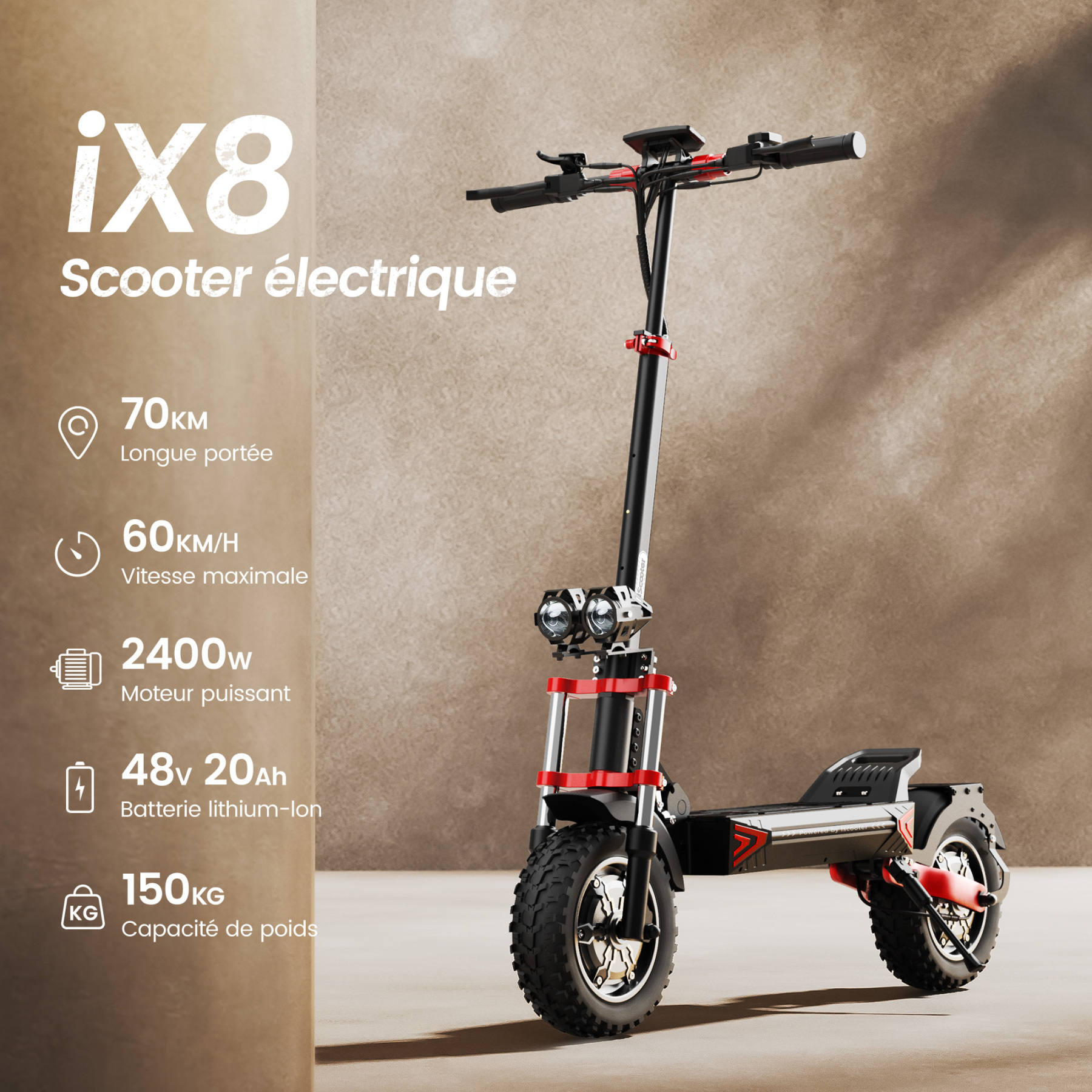 GT2 Trottinette électrique tout-terrain 1000W pour adultes et jeunes