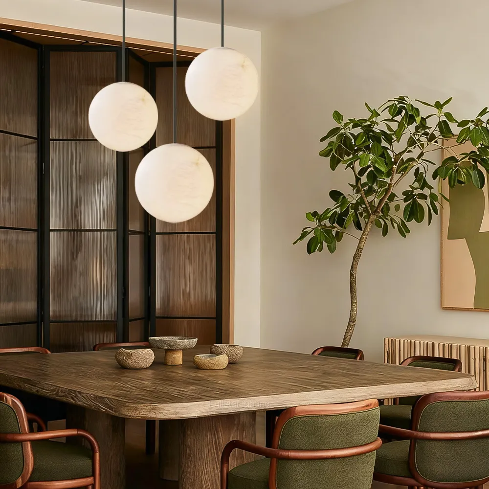 Hand-Carved Alabaster Globe Pendant