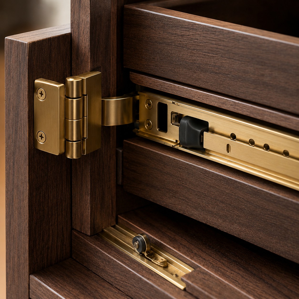 Brass-finished hardware and smooth soft-close glides