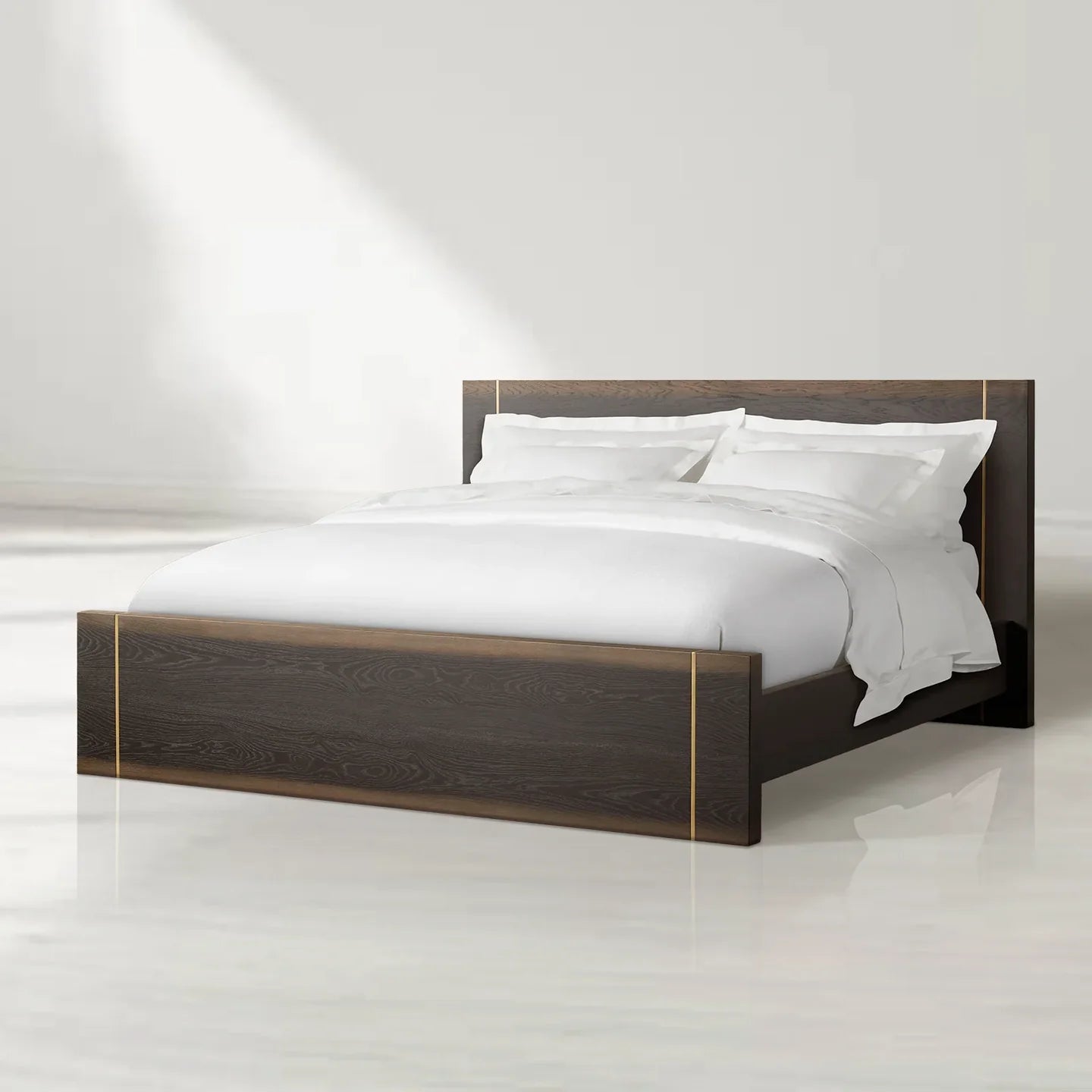Mihaela Solid Romanian Oak Wood Bed Frame with Hand-Finished Brass Accent Details