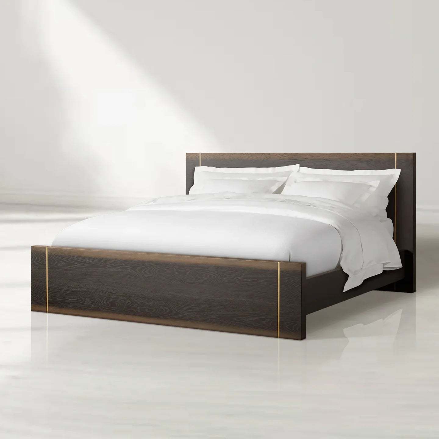 Mihaela Solid Romanian Oak Wood Bed Frame with Hand-Finished Brass Accent Details