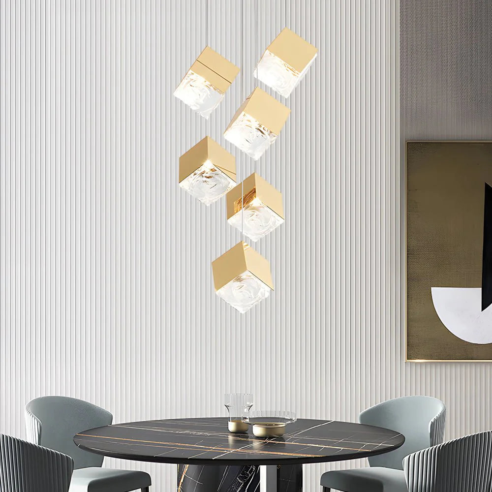 1/3/6/9-Light Multi Glass Ice Cube Metallic Staircase Chandelier-Fullstarlighting