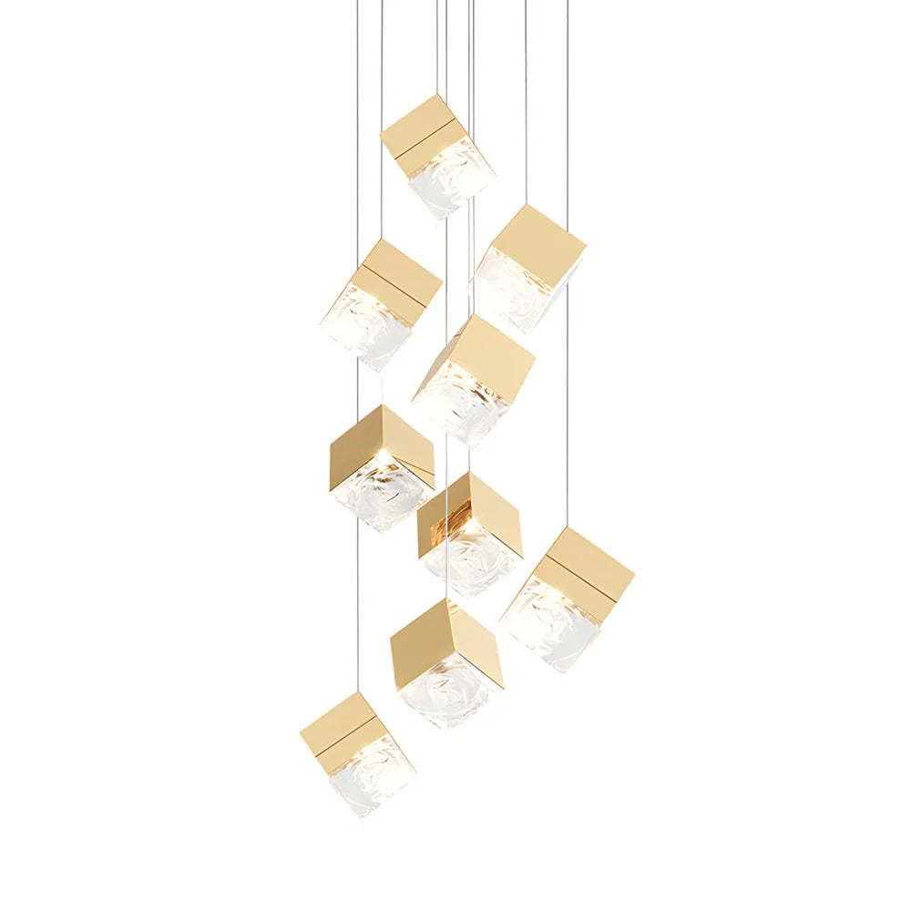 1/3/6/9-Light Multi Glass Ice Cube Metallic Staircase Chandelier-Fullstarlighting